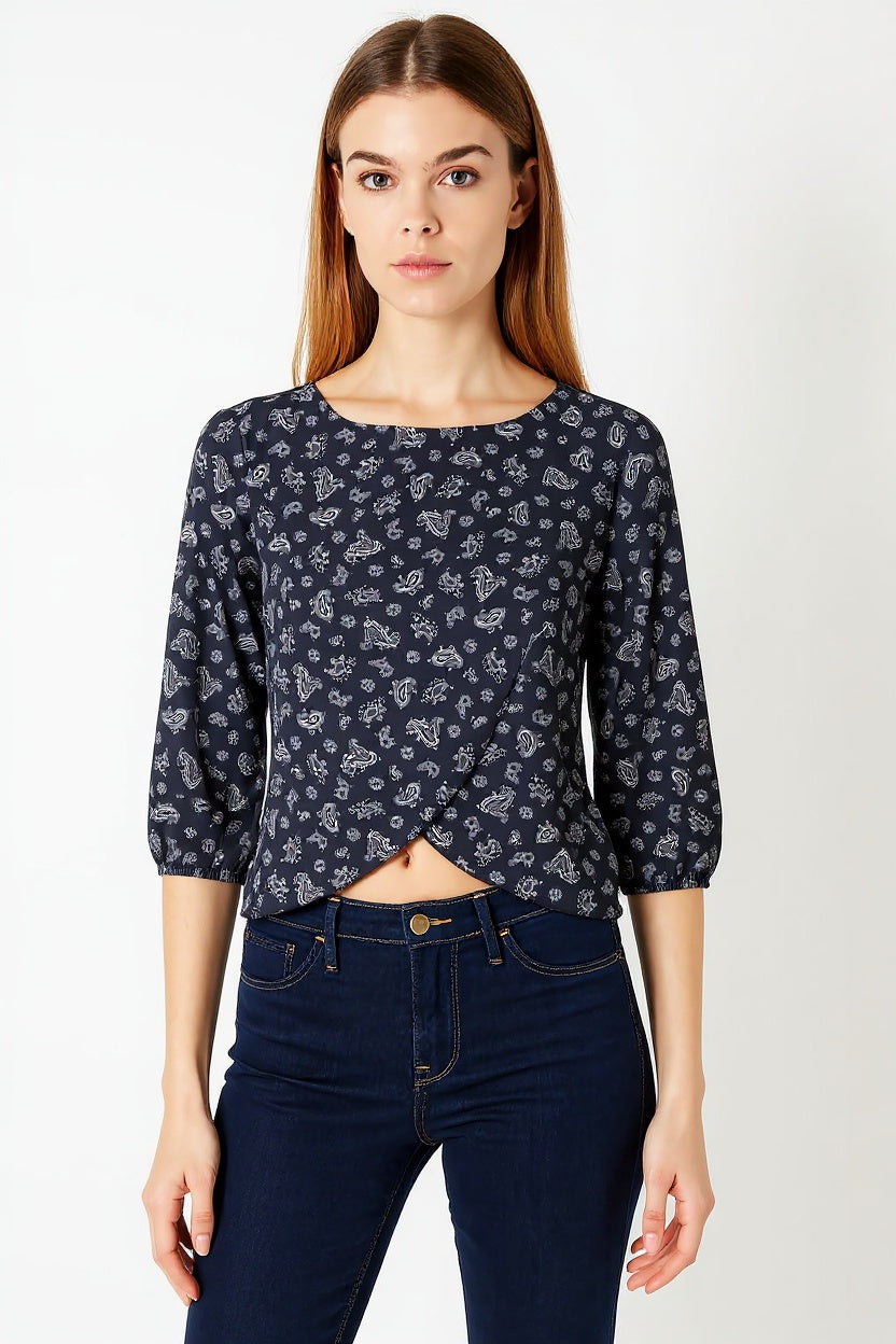 Blusa cruzada mujer, top floral, manga francesa, escote redondo, tela ligera transpirable, corte casual, azul marino, talla L, look urbano, versátil, fácil combinar, ideal eventos informales, cómoda, elegante, ✅Entrega 24/48h
