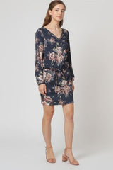 Vestido floral mujer dress outfit manga larga escote pico lazo cintura modelo urbano elegante tela suave corte corto estilo juvenil talla L azul marino fresco ligero cómodo chic ✅Entrega 24/48h