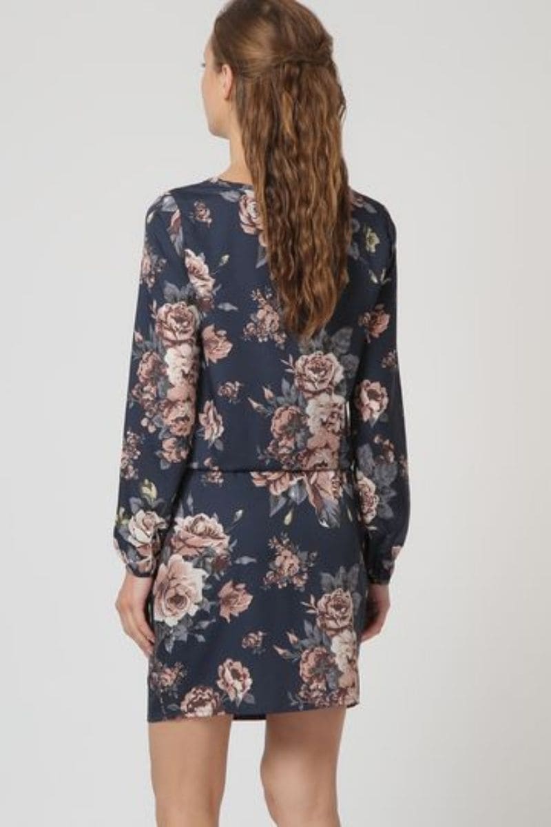 Vestido floral mujer dress outfit manga larga escote pico lazo cintura modelo urbano elegante tela suave corte corto estilo juvenil talla L azul marino fresco ligero cómodo chic ✅Entrega 24/48h