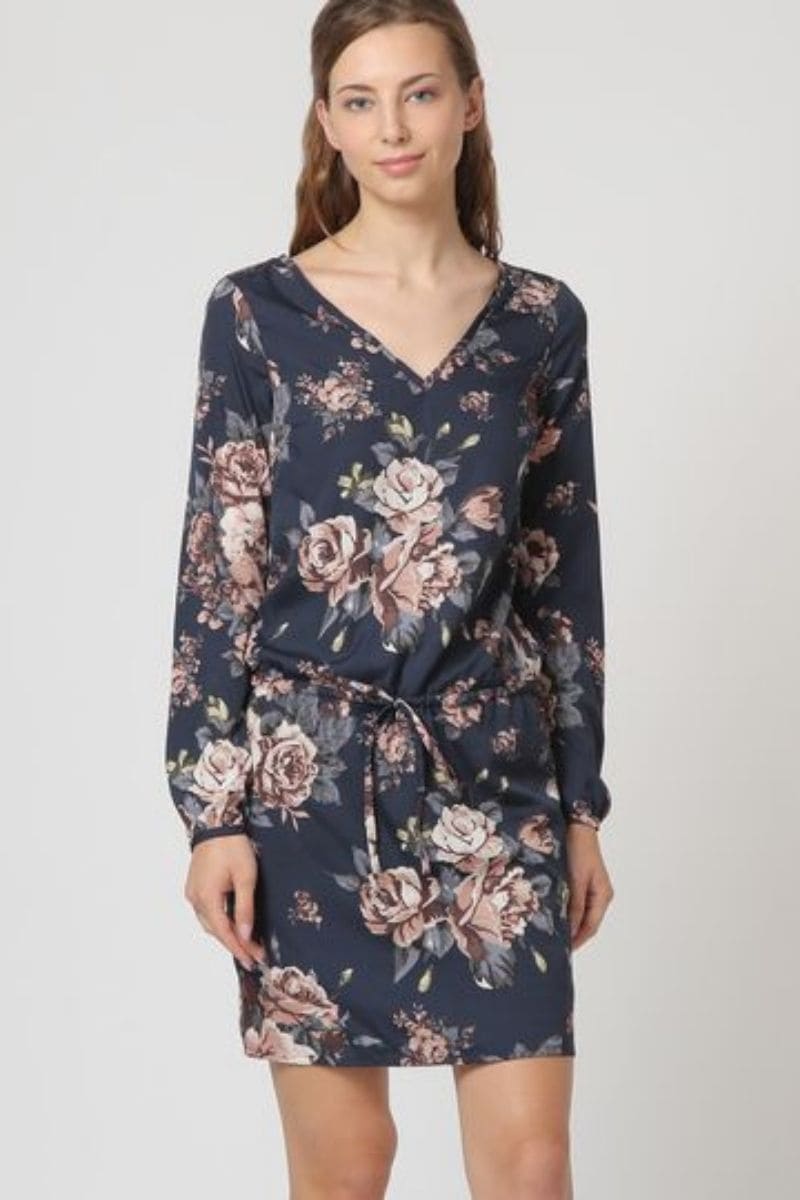 Vestido floral mujer dress outfit manga larga escote pico lazo cintura modelo urbano elegante tela suave corte corto estilo juvenil talla L azul marino fresco ligero cómodo chic ✅Entrega 24/48h