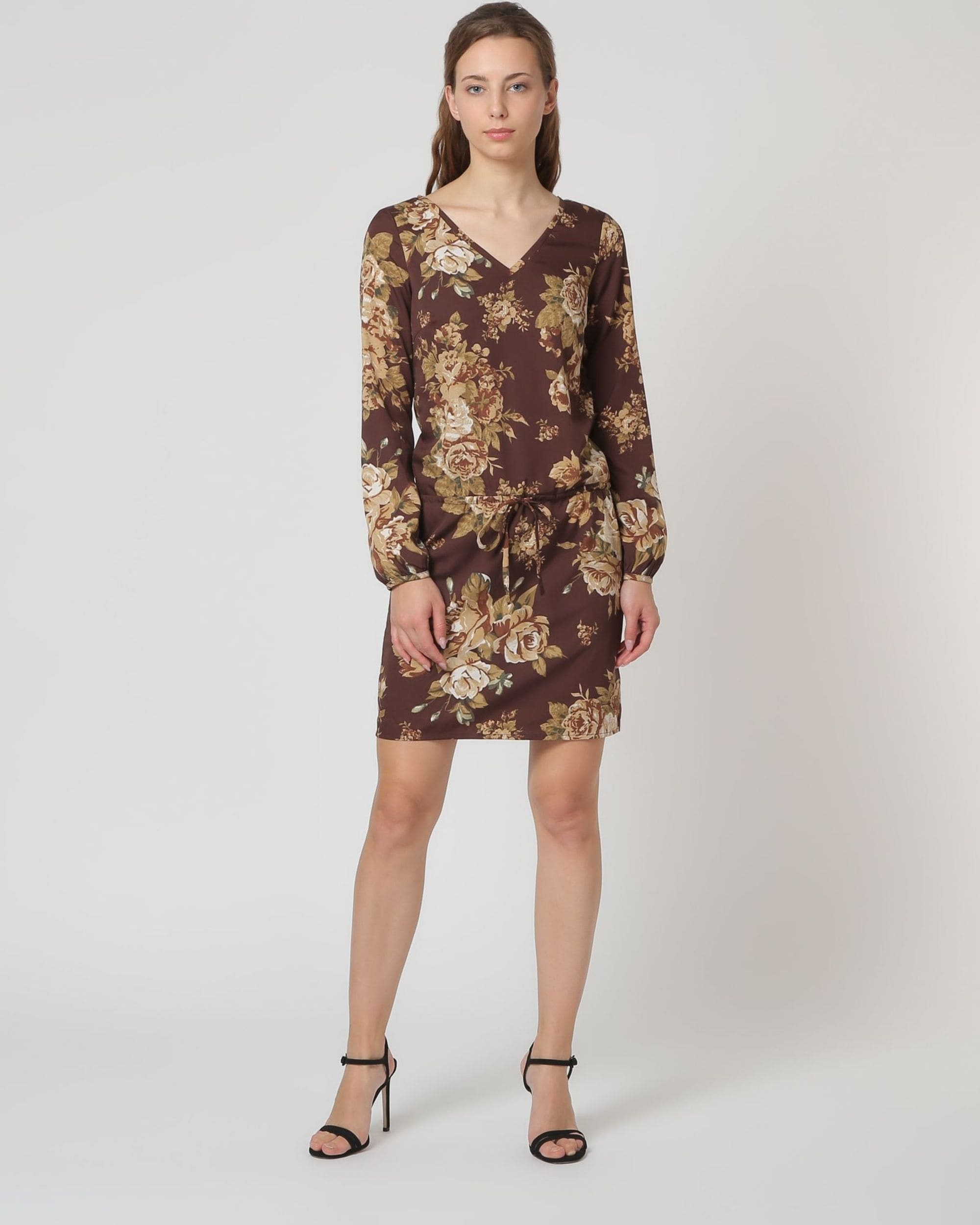 Vestido corto floral mujer dress outfit manga larga escote v ajuste a la cintura marrón elegante cómodo versátil talla L ideal oficina o eventos casuales ✅Entrega 24/48h