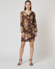 Vestido corto floral mujer dress outfit manga larga escote v ajuste a la cintura marrón elegante cómodo versátil talla L ideal oficina o eventos casuales ✅Entrega 24/48h