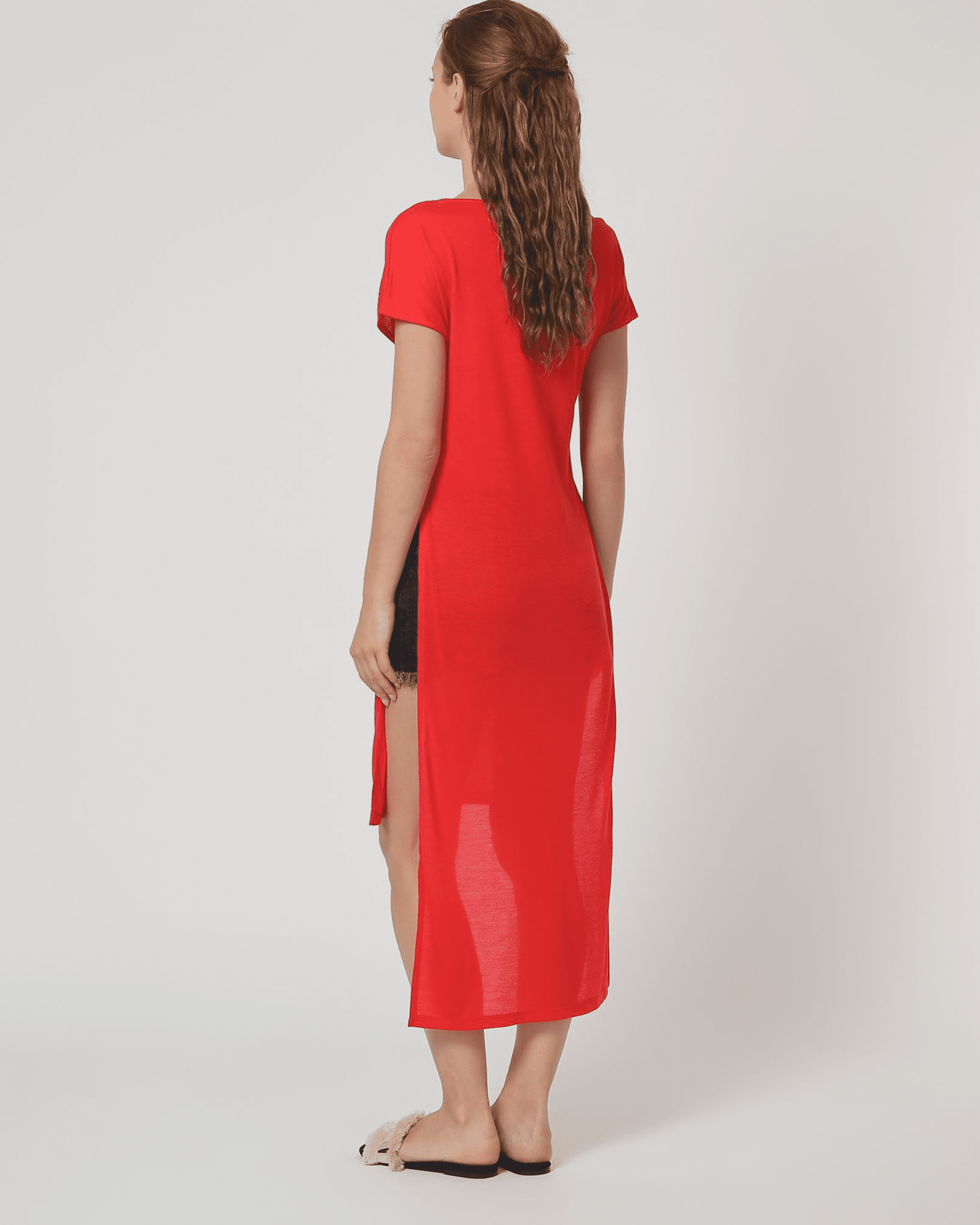 Vestido midi mujer, dress asimétrico, corte recto, manga corta, estilo casual urbano, algodón ligero, look fresco y cómodo, color rojo, talla XS, ideal verano ✅Entrega 24/48h