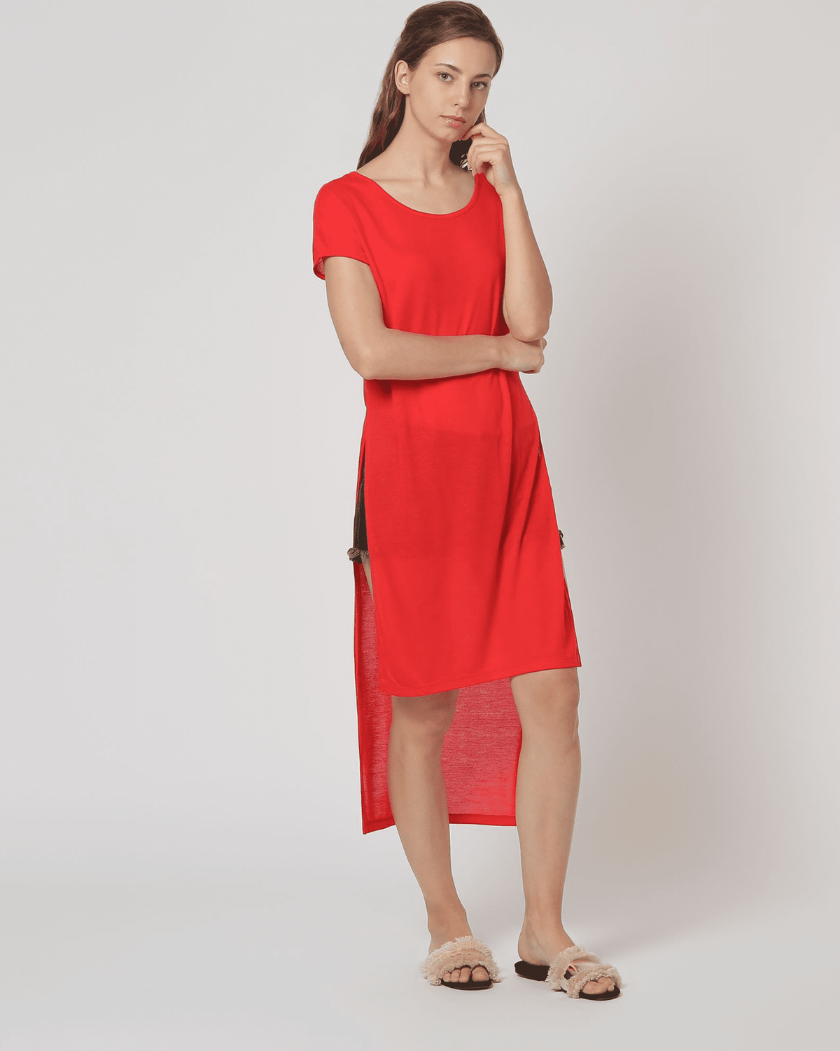 Vestido midi mujer, dress asimétrico, corte recto, manga corta, estilo casual urbano, algodón ligero, look fresco y cómodo, color rojo, talla XS, ideal verano ✅Entrega 24/48h