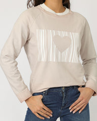Sudadera mujer, sweat, camiseta algodón, diseño corazón delantero, efecto doble capa, manga larga, cuello redondo, estilo casual, corte amplio, color beige, talla L, suave, versátil, cómoda ✅Entrega 24/48h