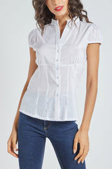 Blusa mujer entallada manga corta botones algodón cuello camisero top elegante polera blanca camisa atuendo oficina urbana talla L fresca cómoda versátil moderna clásico sofisticado ✅Entrega 24/48h