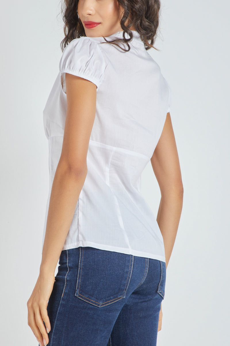 Blusa mujer entallada manga corta botones algodón cuello camisero top elegante polera blanca camisa atuendo oficina urbana talla L fresca cómoda versátil moderna clásico sofisticado ✅Entrega 24/48h