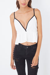 Top lencero corto mujer, blusa peplum escote V profundo, tirantes finos, elegante y versátil, ideal outfits verano, color blanco, talla única, tendencia moda ✅Entrega 24/48h