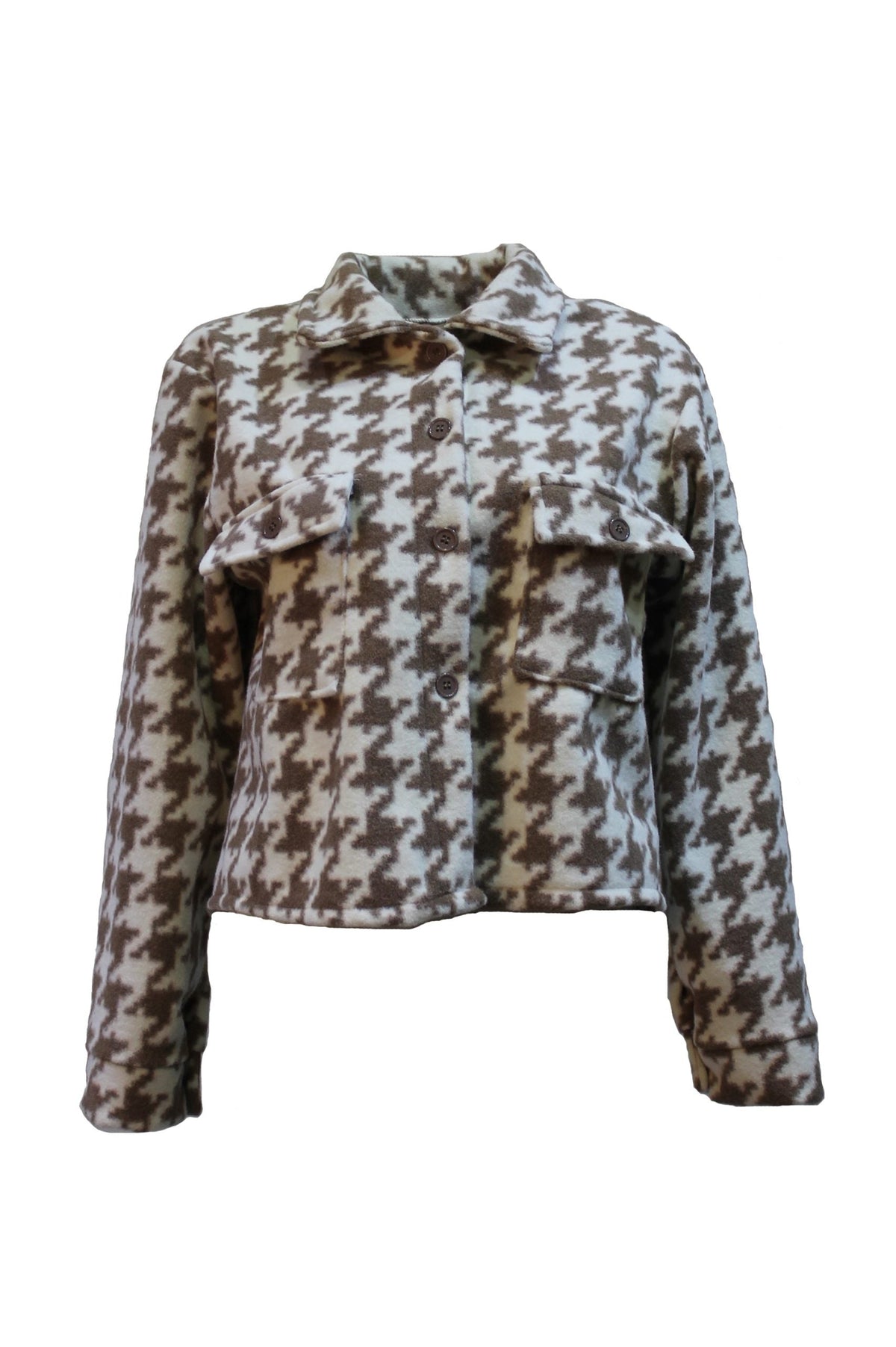 Chaqueta corta mujer, jacket, blazer, diseño pata de gallo, tejido poliéster suave, bolsillos tapeta, corte recto, estilo urbano elegante, color beige/marrón, talla única, versátil y cálida ✅Entrega 24/48h