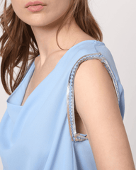 Blusa mujer fluida sin mangas blouse top cuello caído ribetes decorativos plateados corte recto elegante fresca ligera cómoda azul claro talla S ✅Entrega 24/48h