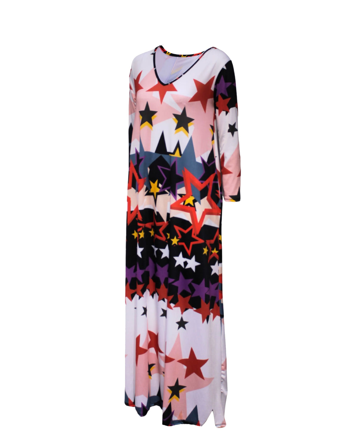 Vestido largo mujer, dress maxi, estampado estrellas multicolor, escote V, manga tres cuartos, corte fluido, tela suave, estilo versátil, disponible en rosa, talla S, favorecedor y cómodo ✅Entrega 24/48h