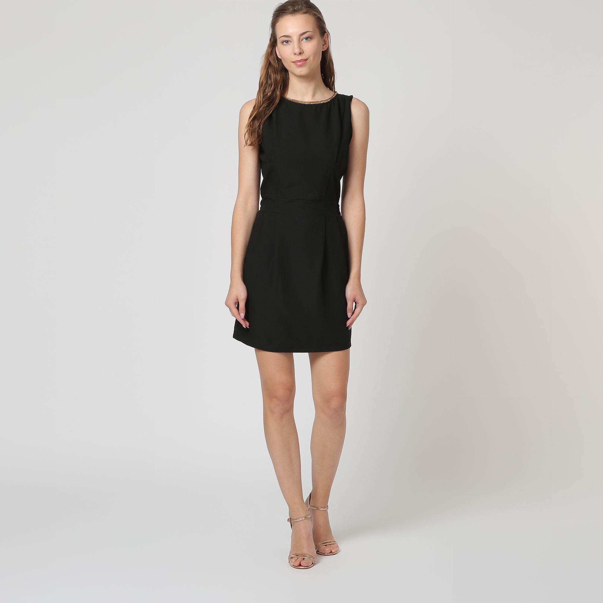 Vestido mujer sin mangas, dress recto elegante minimalista textura suave, corte regular, ideal fiestas eventos urbanos, color negro, talla L, cómodo versátil, realza figura, look sofisticado ✅Entrega 24/48h