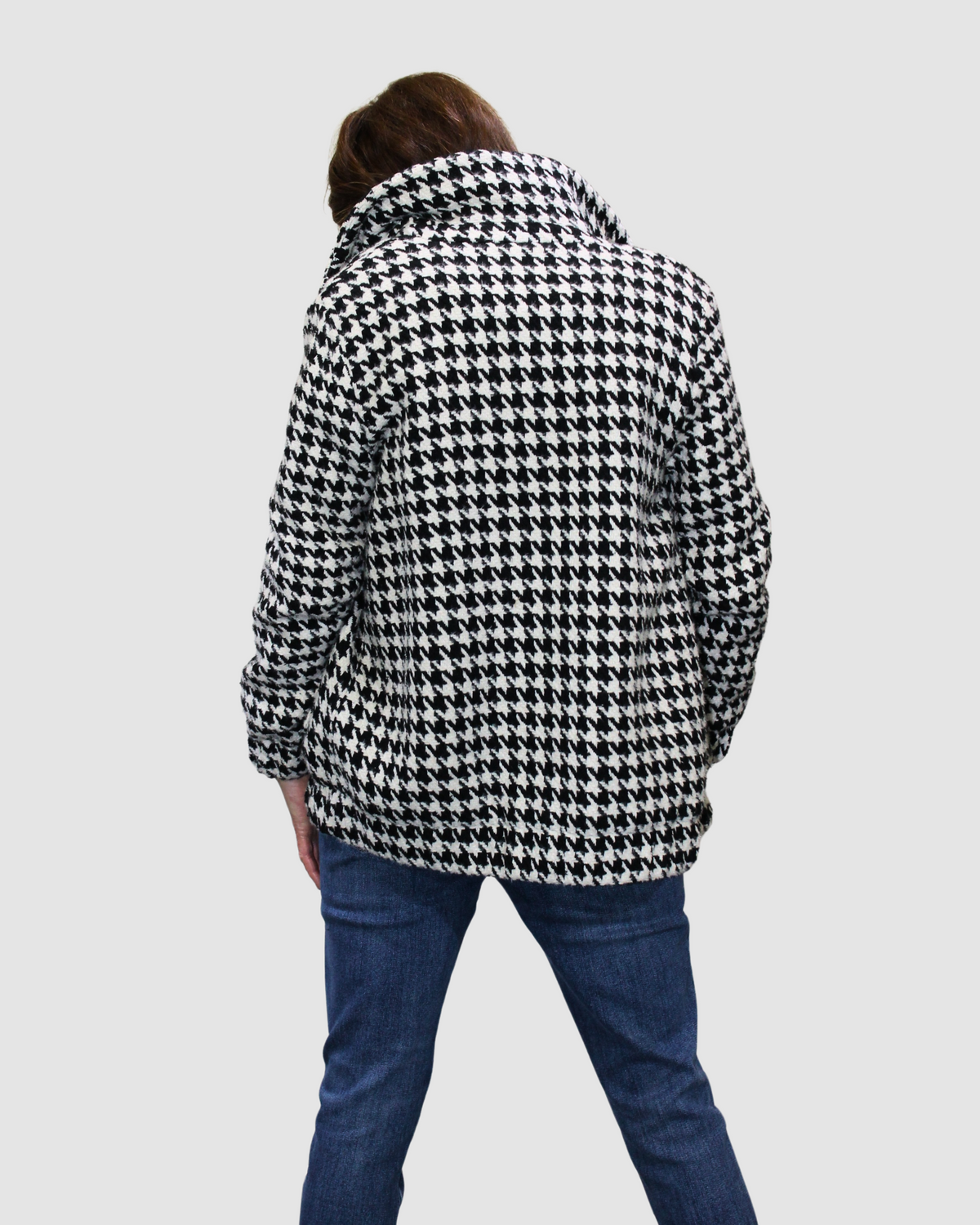 Chaqueta mujer abrigo corto pata de gallo houndstooth blazer lana acrílico doble botonadura bolsillos laterales manga larga estilo elegante casual talla S negro ✅Entrega 24/48h