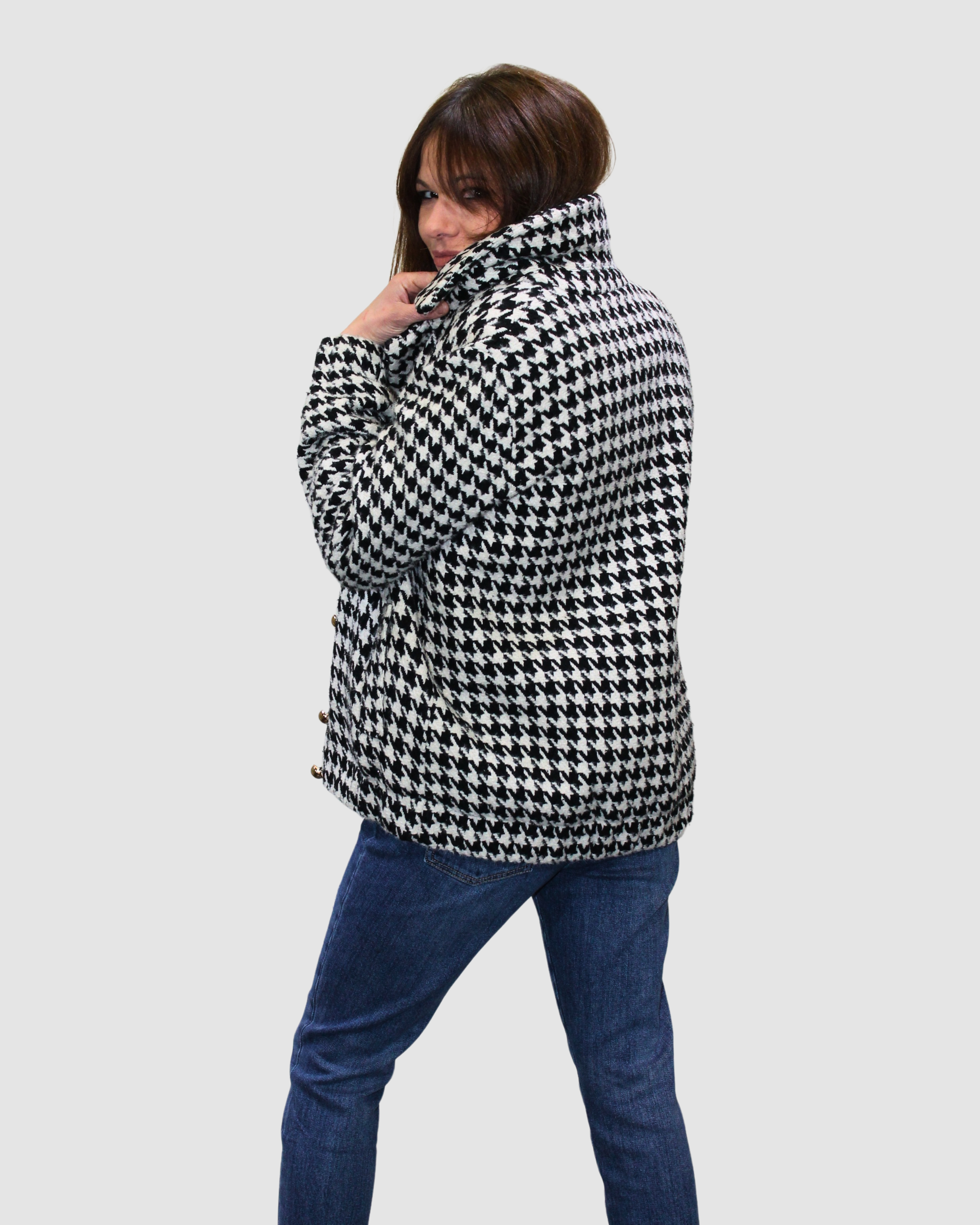 Chaqueta mujer abrigo corto pata de gallo houndstooth blazer lana acrílico doble botonadura bolsillos laterales manga larga estilo elegante casual talla S negro ✅Entrega 24/48h