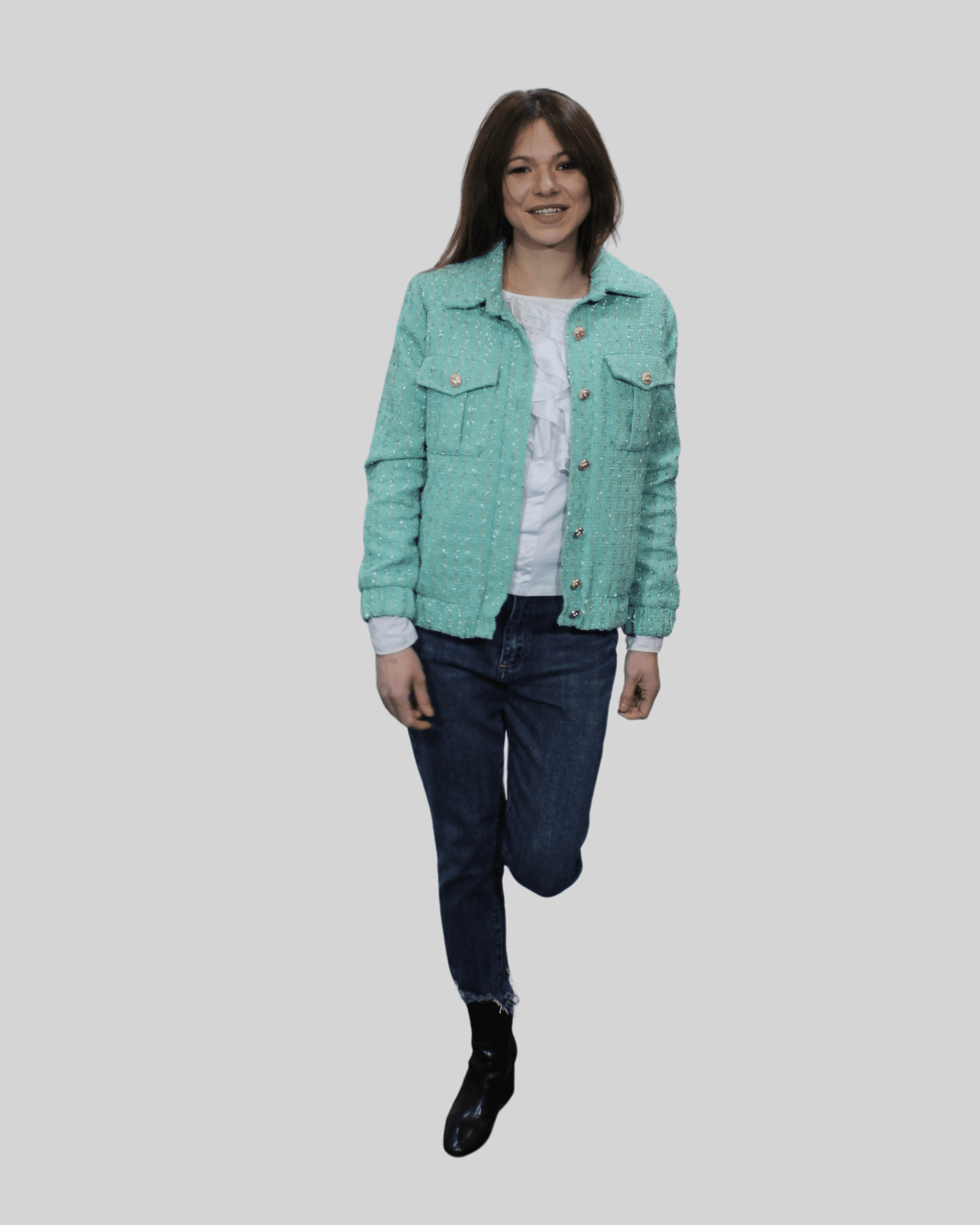 Chaqueta mujer tweed recta chaqueta abrigo algodón poliéster bolsillos solapa manga larga cuello camisero elegante versátil color turquesa talla S moda casual clásica ✅Entrega 24/48h