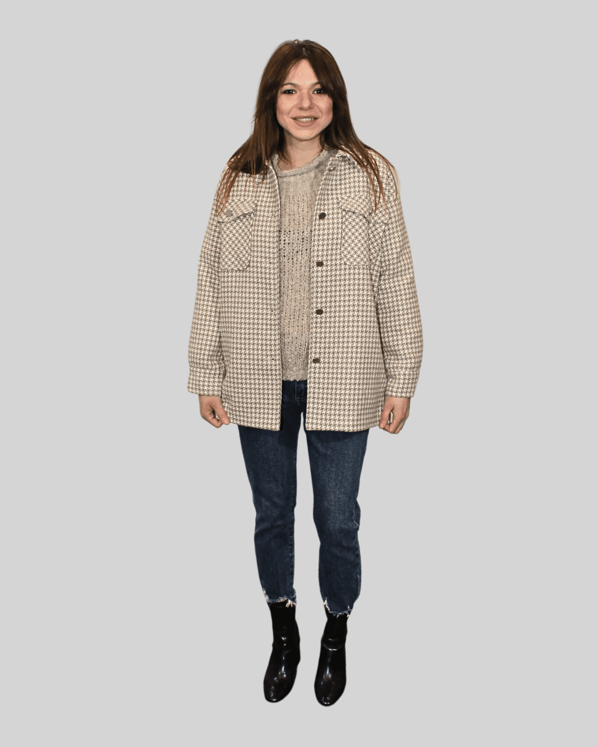 Chaqueta mujer tweed, sobrecamisa houndstooth, poliéster suave, bolsillos tapeta, corte recto, estilo casual urbano, abotonada, tonos beige, talla S, versátil cómoda elegante look diario ✅Entrega 24/48h