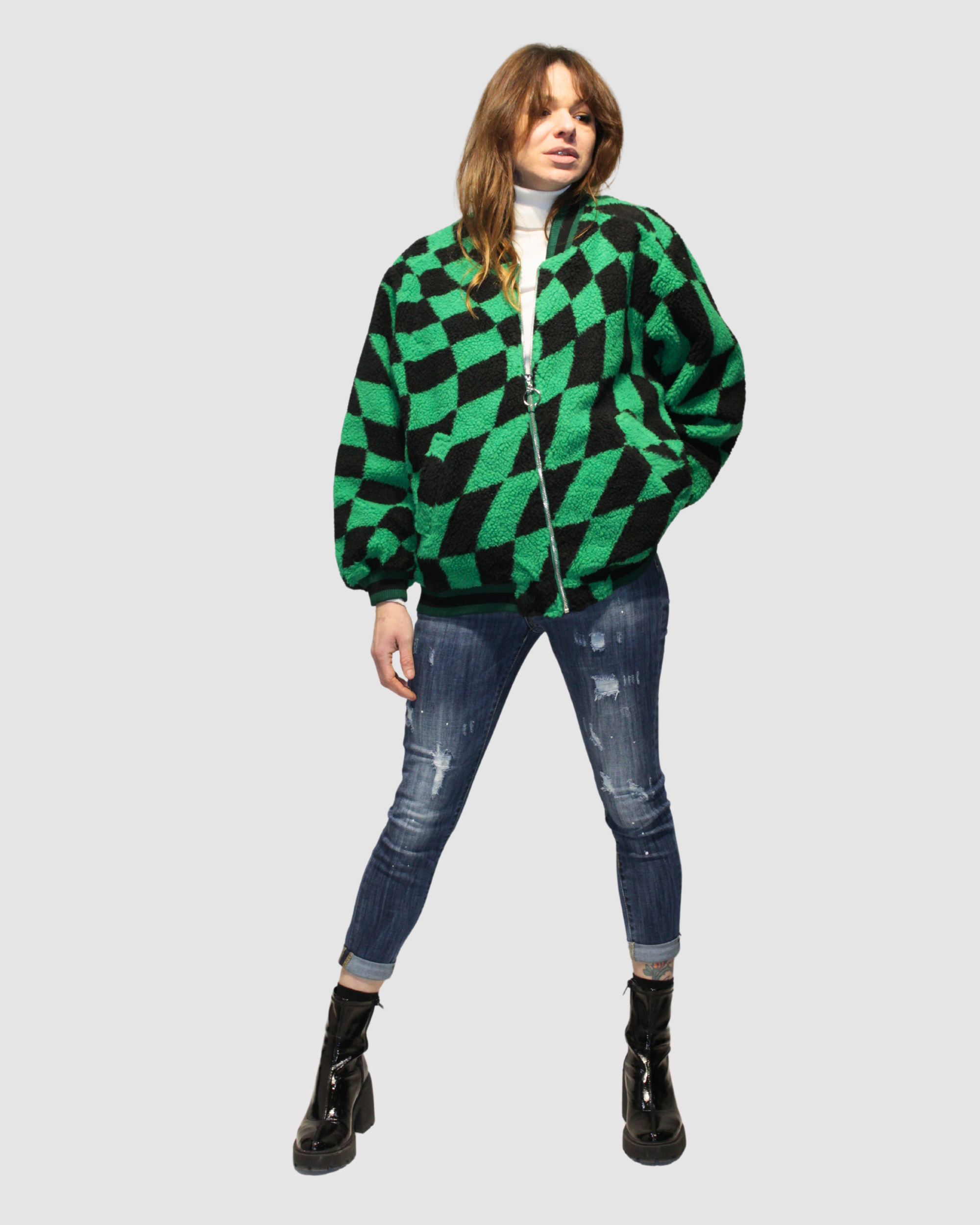 Chaqueta oversize, jacket ligera, suéter geométrico textura suave, cremallera, estampado cuadros verdes y negros, corte ancho, tendencia urbana, moderna, cómoda, casual, talla S, look urbano femenino ✅Entrega 24/48h