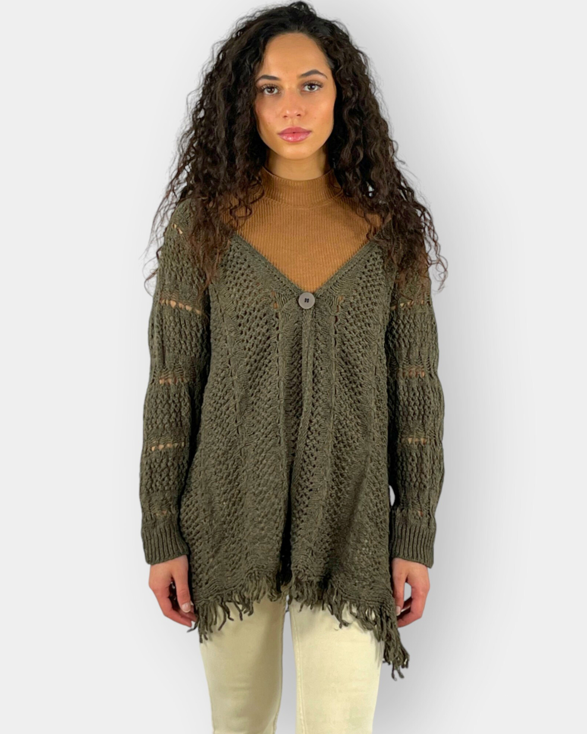Cárdigan abierto mujer, suéter tejido calado, lana mixta, diseño recto, flecos bajo, manga larga, ajuste botón, color verde kaki, talla única, suave, cálido, moderno, ideal oficina o casual ✅Entrega 24/48h
