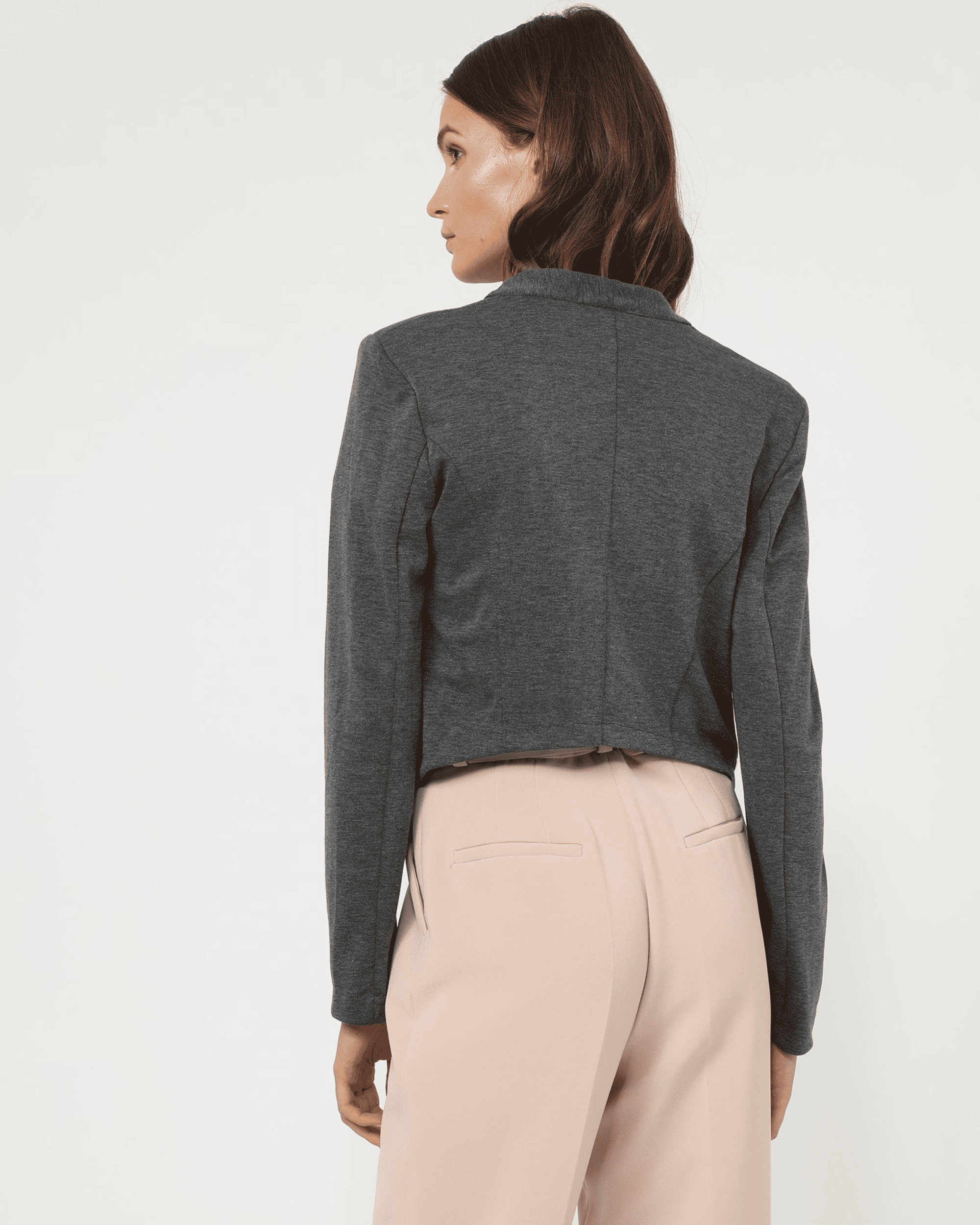 Chaqueta mujer corta algodón, blazer ligera, punto calado, manga larga, cuello redondo abierto, sin cierre, elegante, cómoda, talla L, color gris oscuro, ideal entretiempo ✅Entrega 24/48h