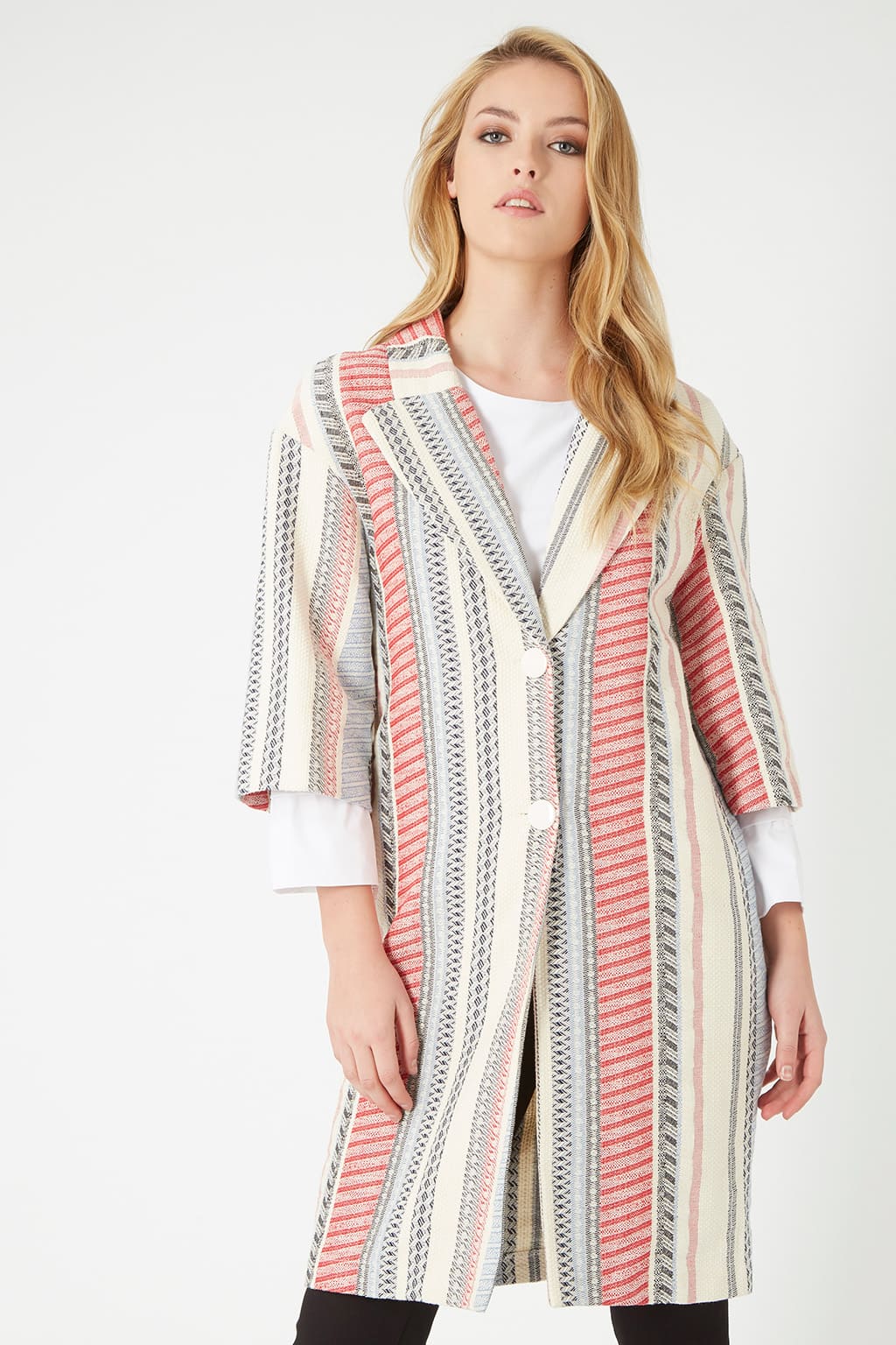 Chaqueta larga mujer Sense abrigo texturizada rayas fantasía mezcla viscosa manga 3/4 botones cuello sastre elegante ligera talla L cómoda multicolor ✅Entrega 24/48h