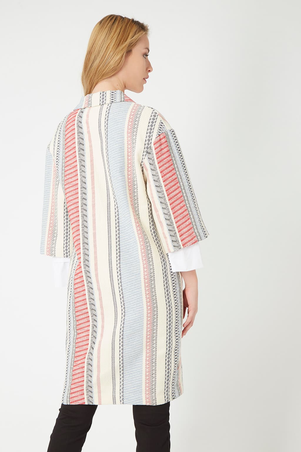Chaqueta larga mujer Sense abrigo texturizada rayas fantasía mezcla viscosa manga 3/4 botones cuello sastre elegante ligera talla L cómoda multicolor ✅Entrega 24/48h