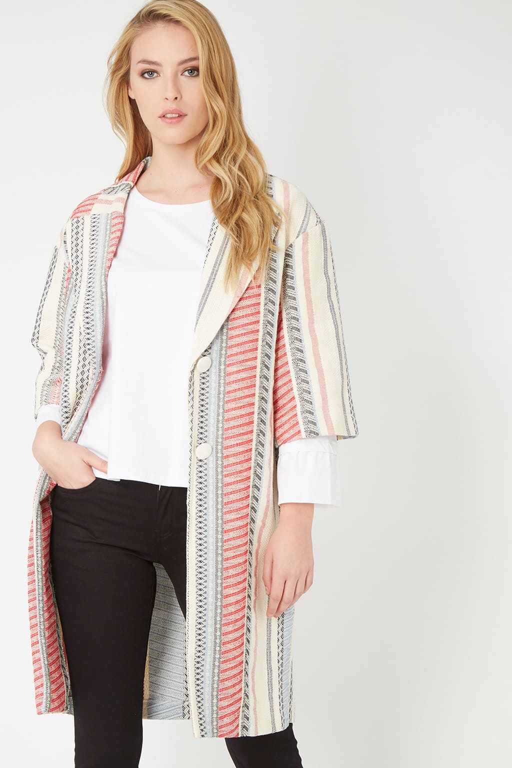 Chaqueta larga mujer Sense abrigo texturizada rayas fantasía mezcla viscosa manga 3/4 botones cuello sastre elegante ligera talla L cómoda multicolor ✅Entrega 24/48h