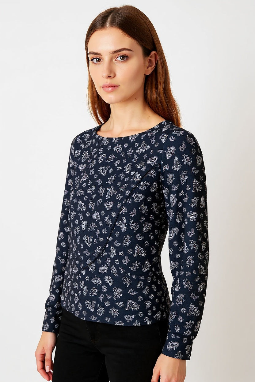 Blusa cruzada mujer, top floral, manga francesa, escote redondo, tela ligera transpirable, corte casual, azul marino, talla L, look urbano, versátil, fácil combinar, ideal eventos informales, cómoda, elegante, ✅Entrega 24/48h