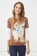 Camiseta mujer, t-shirt, top manga larga doble capa, diseño artístico estampado, algodón suave, confortable, casual urbano, color marrón, talla L, fácil de combinar jeans faldas, ideal uso diario ✅Entrega 24/48h