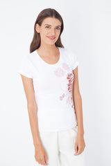Camiseta mujer, t-shirt, blouse, manga corta fruncida, cuello redondo, algodón suave, estampado floral delantero, estilo casual, cómoda y fresca, color blanco, talla S, ideal primavera verano, ✅Entrega 24/48h