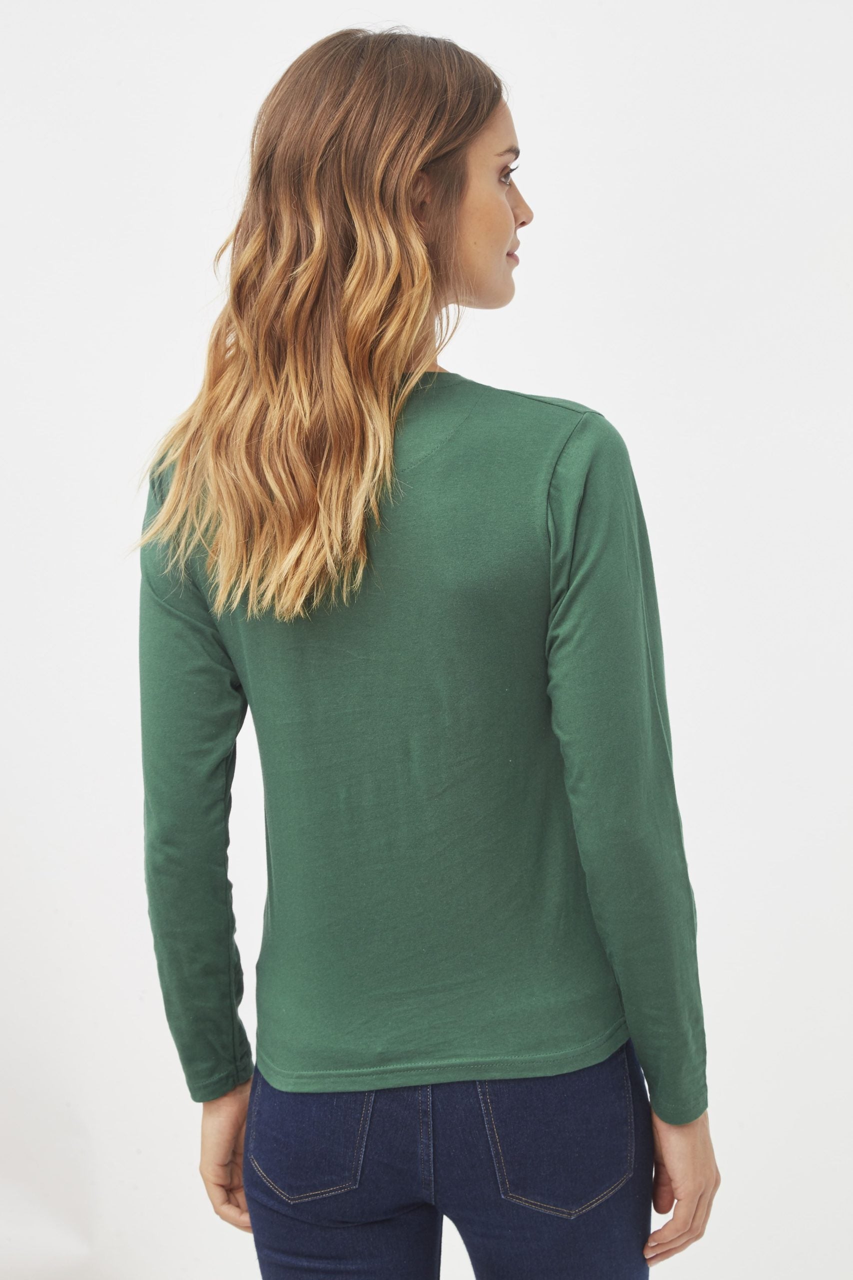 Camiseta mujer manga tres cuartos, suéter ligero, diseño rombos ciervo, algodón, cuello redondo, corte regular, estilo casual, color verde esmeralda, talla L, look fresco y cómodo ✅Entrega 24/48h