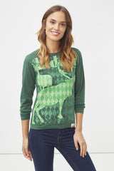 Camiseta mujer manga tres cuartos, suéter ligero, diseño rombos ciervo, algodón, cuello redondo, corte regular, estilo casual, color verde esmeralda, talla L, look fresco y cómodo ✅Entrega 24/48h