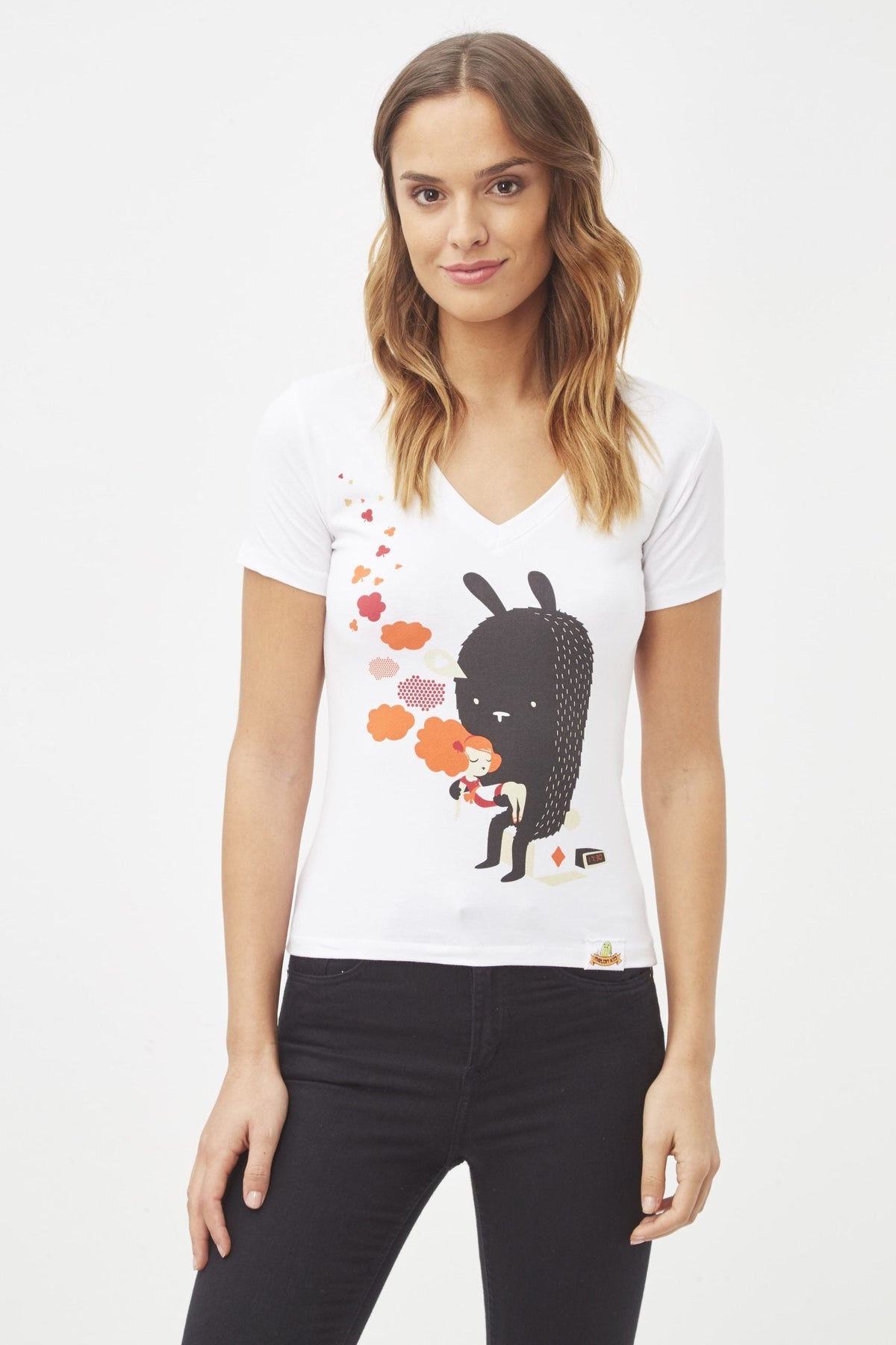 Camiseta mujer, t-shirt, polera, algodón suave, estampado creativo, diseño original, corte ajustado, manga corta, cuello V, estilo casual urbano, color blanco, talla M, cómoda y versátil, ✅Entrega 24/48h