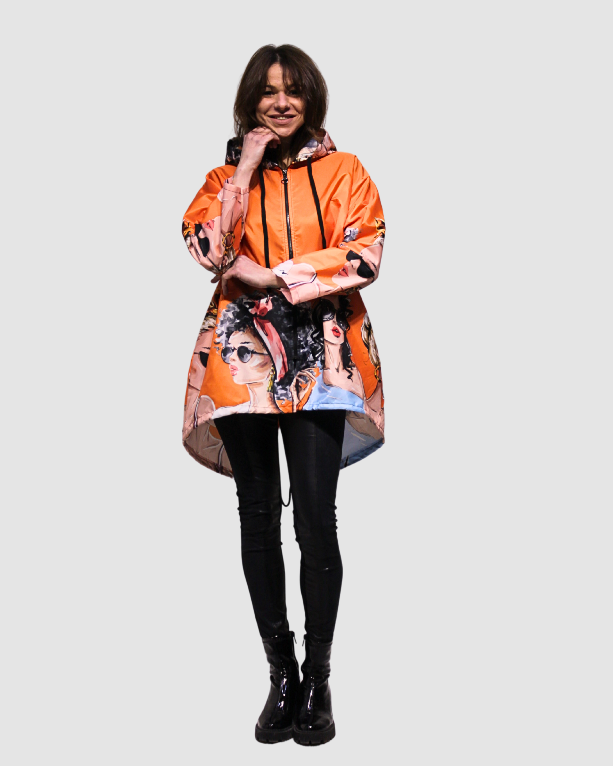 Chubasquero mujer impermeable, chaqueta manga larga, capucha, estampado anime, poliéster resistente, corte asimétrico, bolsillos laterales, ajustable, talla única, naranja – Versátil y cómodo ✅Entrega 24/48h