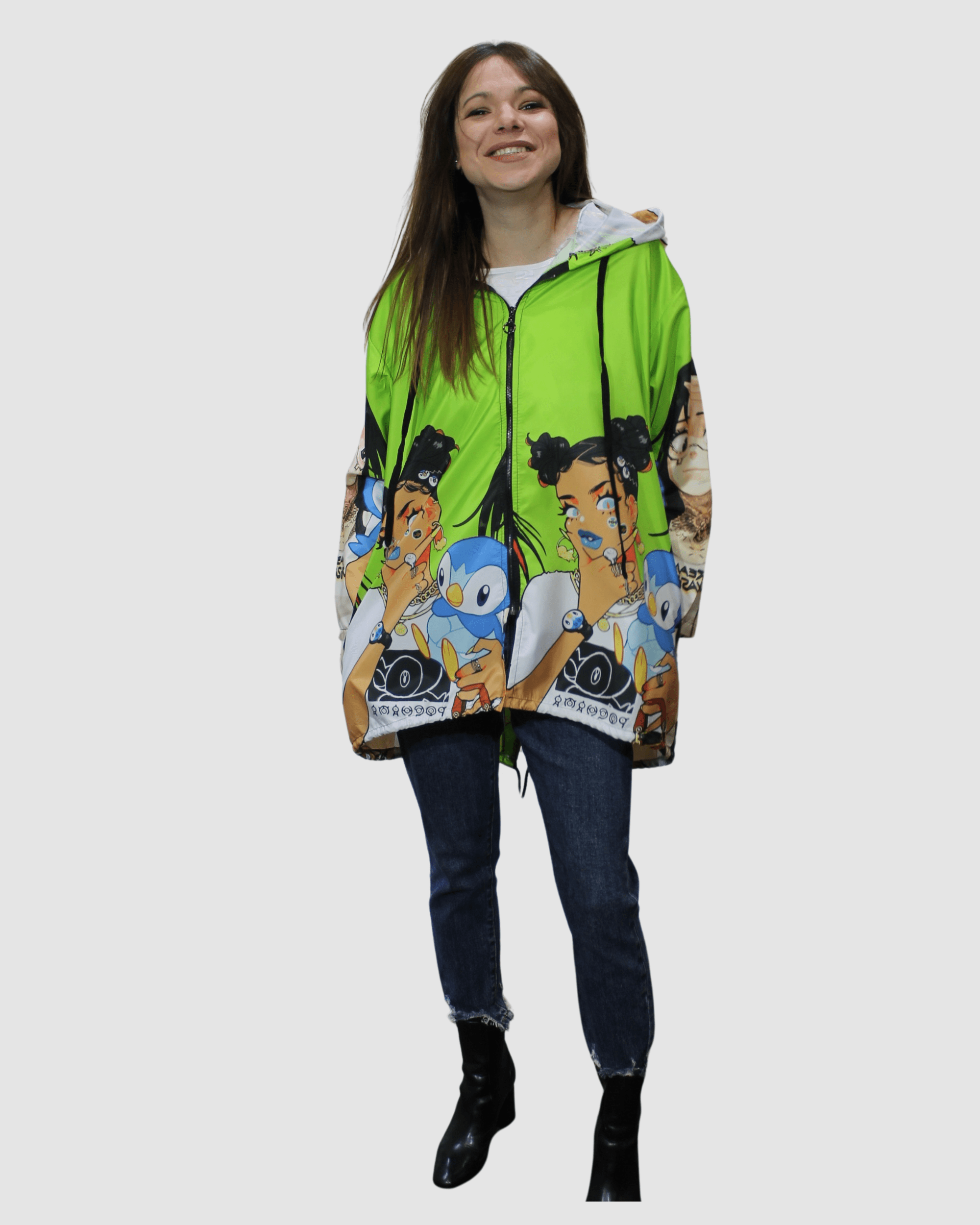 Chubasquero anime, chaqueta impermeable capucha, abrigo unisex poliéster oversize, diseño manga larga bolsillos, ajuste bajo, cierre cremallera, verde flúor, talla única, resistente lluvia, moderno, cómodo ✅Entrega 24/48h