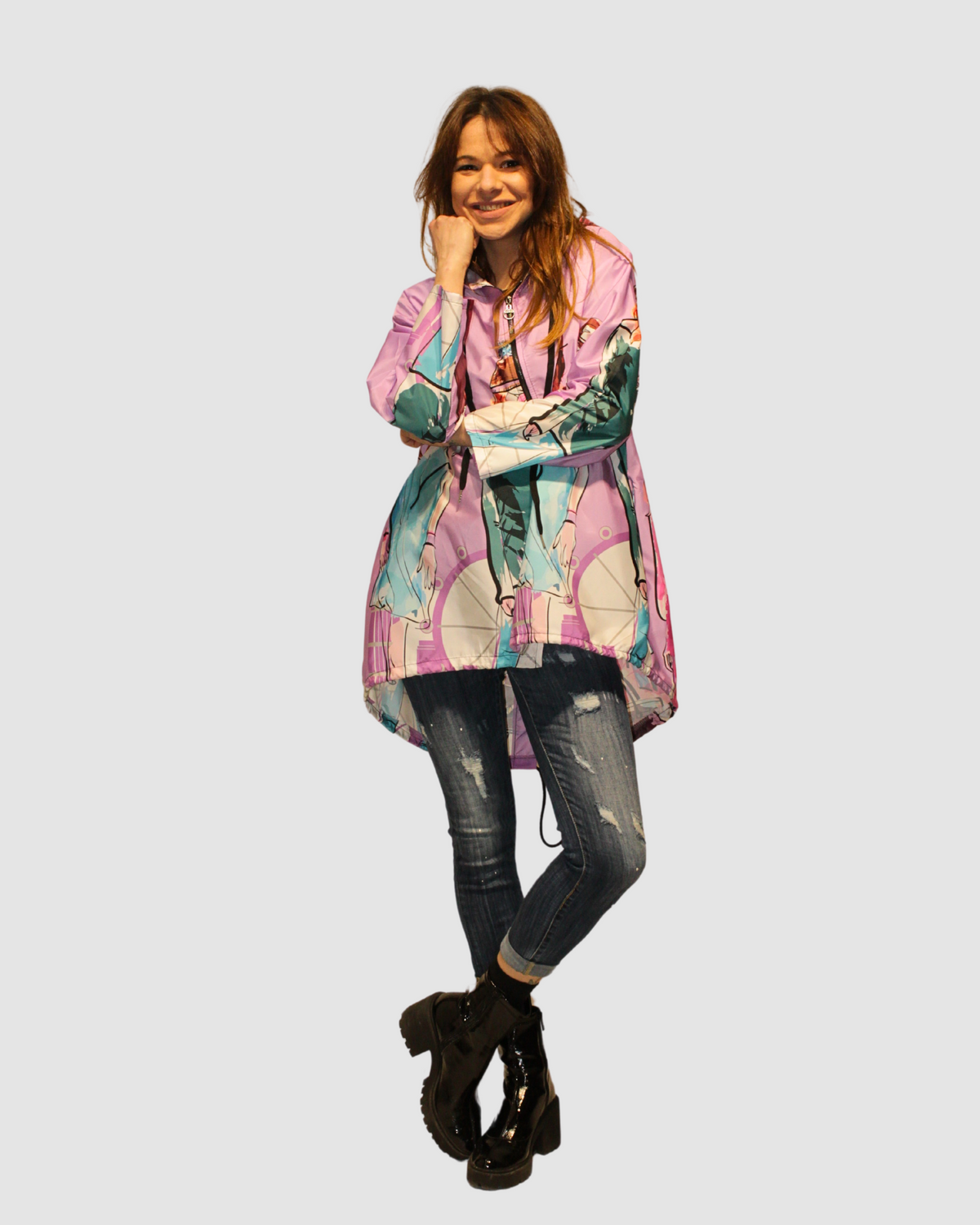 Chubasquero mujer impermeable abrigo chaqueta anime manga larga capucha poliéster corte oversize bolsillos laterales cremallera ajustable bajo desigual estilo moderno UNICA Multicolor ✅Entrega 24/48h