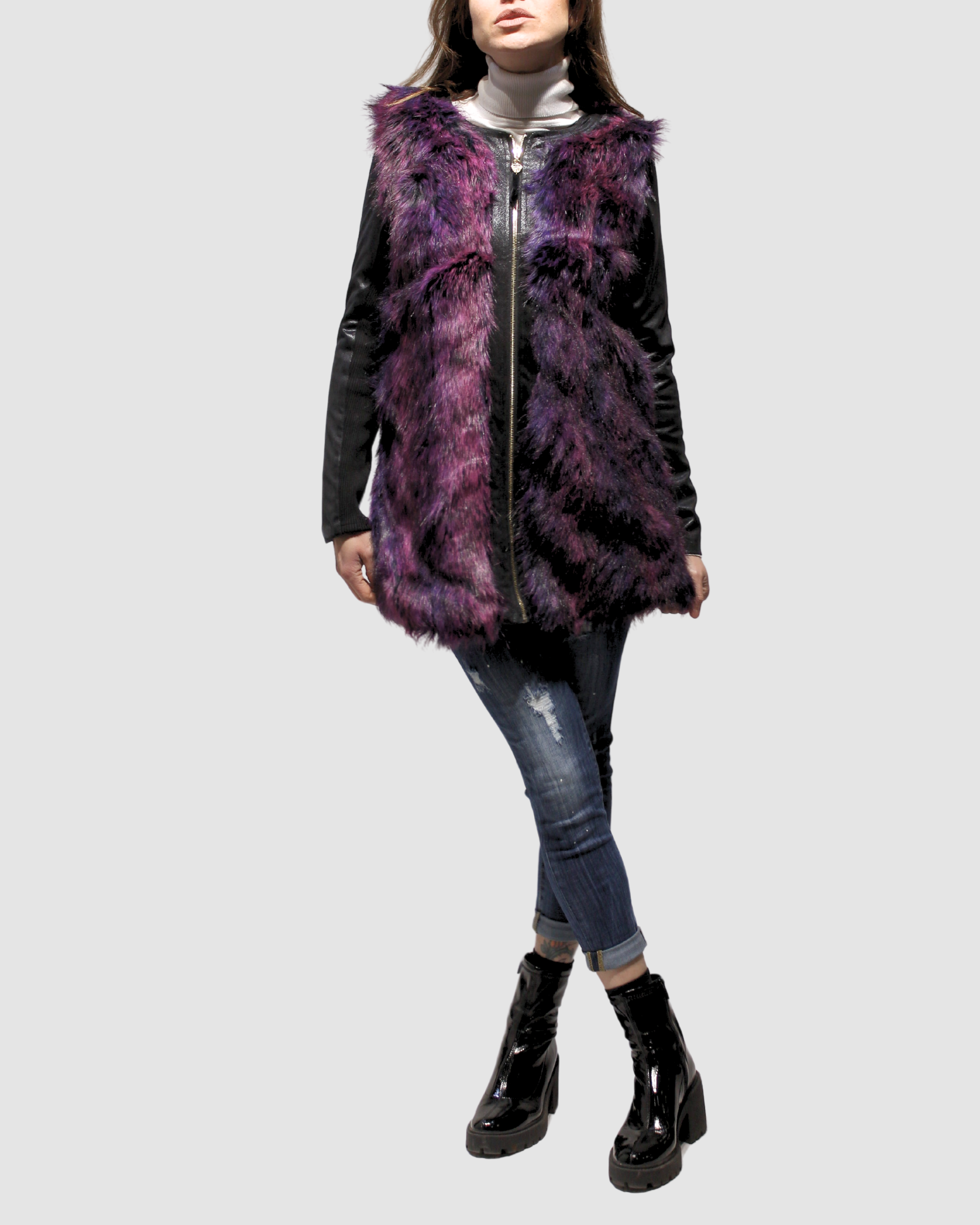 Chaleco largo mujer, sin mangas, pelo sintético texturizado, cierre frontal, ecopiel, estilo urbano, ligero, suave, color morado, talla S, ideal look casual moderno, sofisticado, con jeans y botines ✅Entrega 24/48h