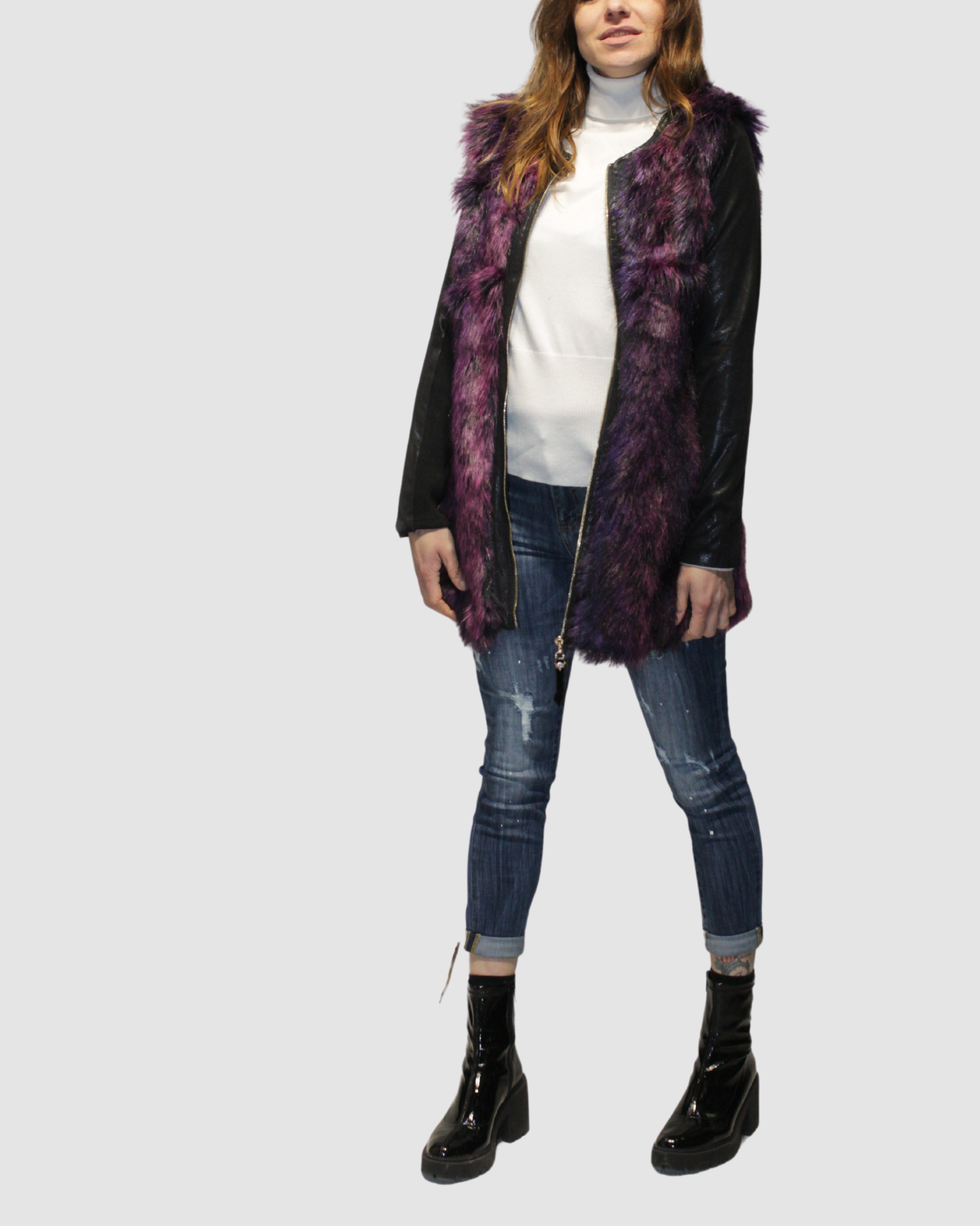 Chaleco largo mujer, sin mangas, pelo sintético texturizado, cierre frontal, ecopiel, estilo urbano, ligero, suave, color morado, talla S, ideal look casual moderno, sofisticado, con jeans y botines ✅Entrega 24/48h