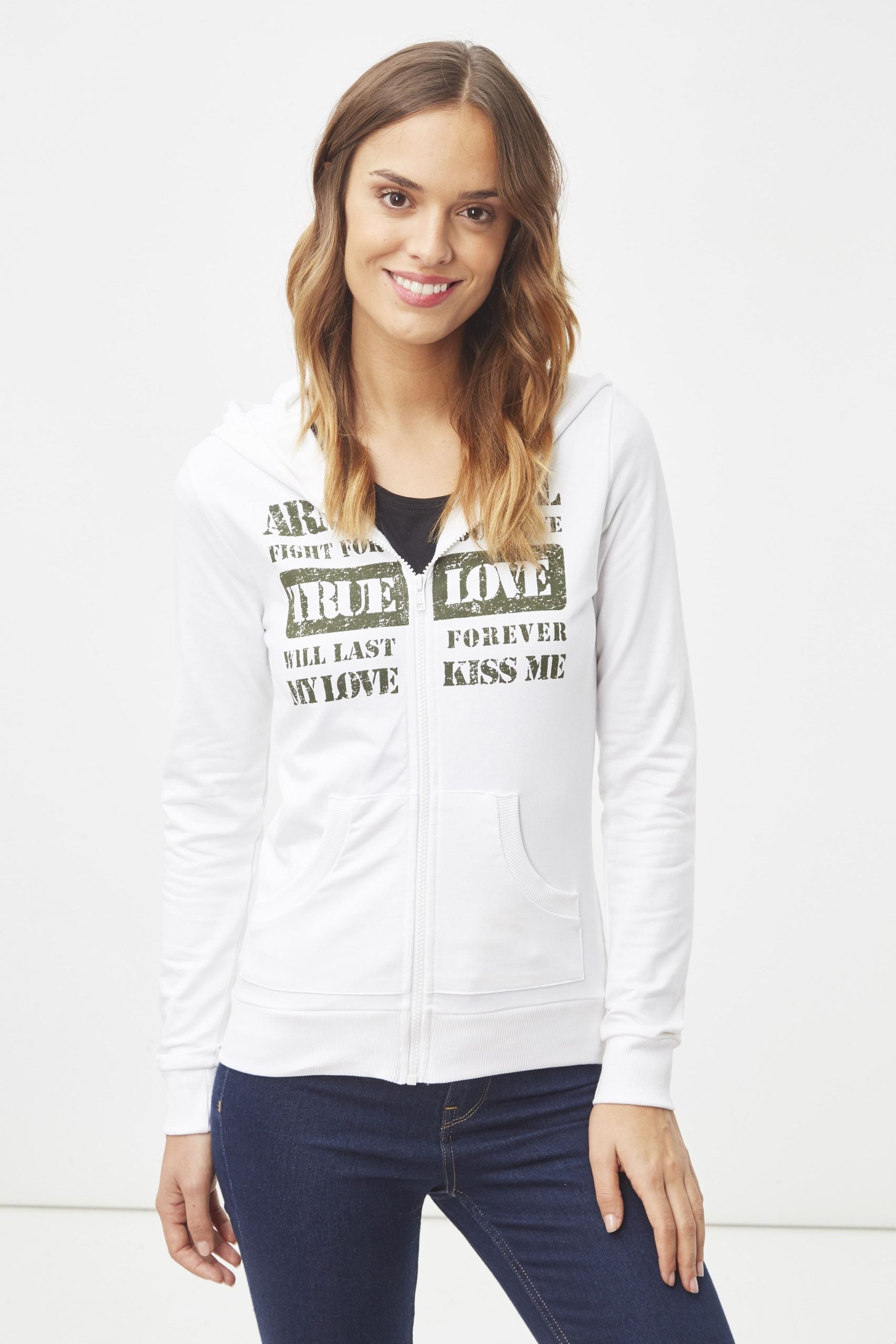 Sudadera mujer blanca hoodie algodón cremallera frontal estampada, manga larga, casual, cuello redondo, bolsillos, ajuste cómodo, estilo juvenil talla L, fácil de combinar, versátil ✅Entrega 24/48h