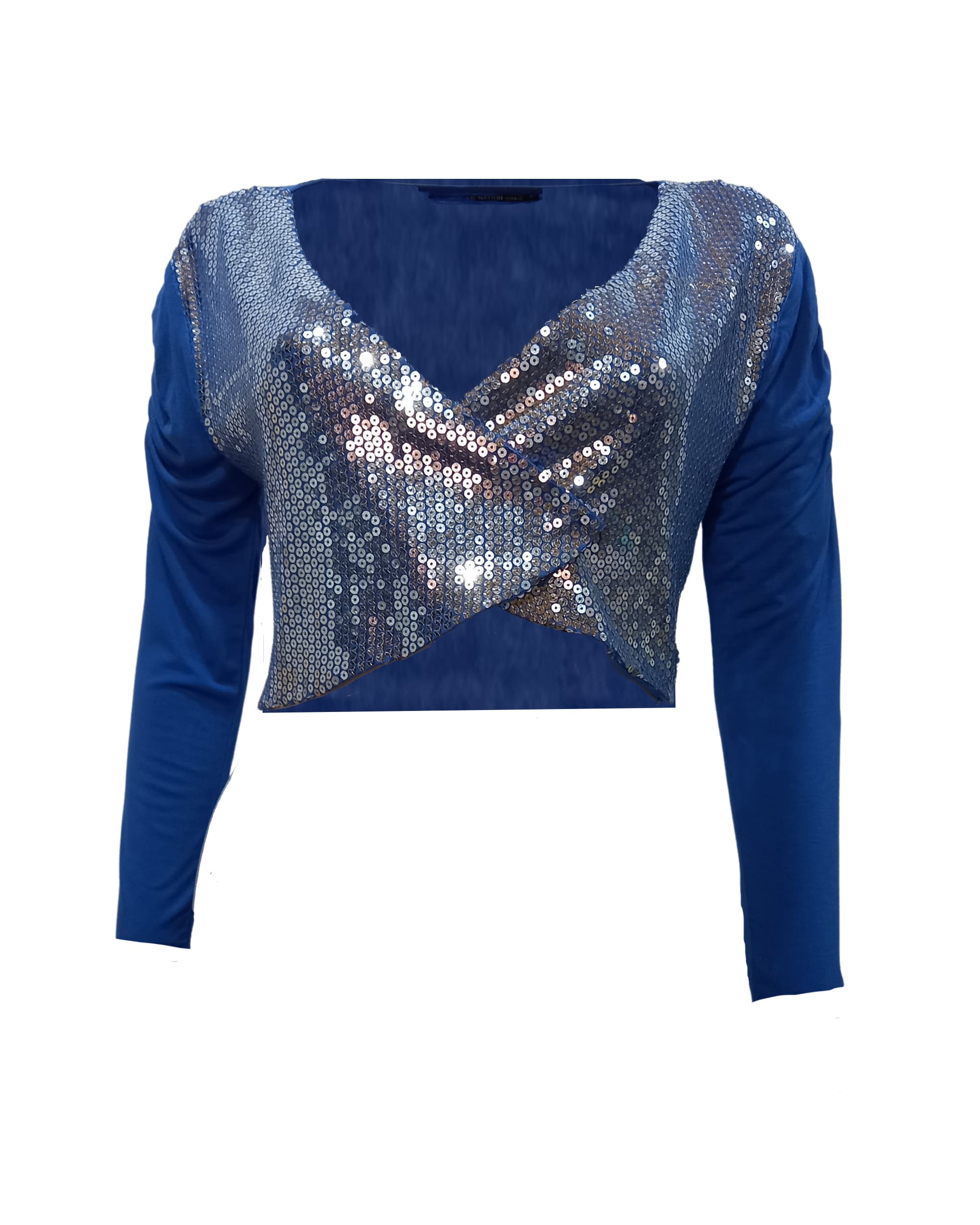 Top Crop Lentejuelas Mujer, Camiseta Brillante, Manga Larga, Escote V, Corte Corto, Moderno, Glamouroso, Fiesta o Noche, Tejido Ligero, Azul, Talla XS, Elegante, Fácil de combinar ✅Entrega 24/48h