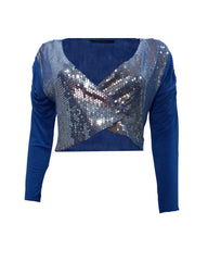 Top Crop Lentejuelas Mujer, Camiseta Brillante, Manga Larga, Escote V, Corte Corto, Moderno, Glamouroso, Fiesta o Noche, Tejido Ligero, Azul, Talla XS, Elegante, Fácil de combinar ✅Entrega 24/48h