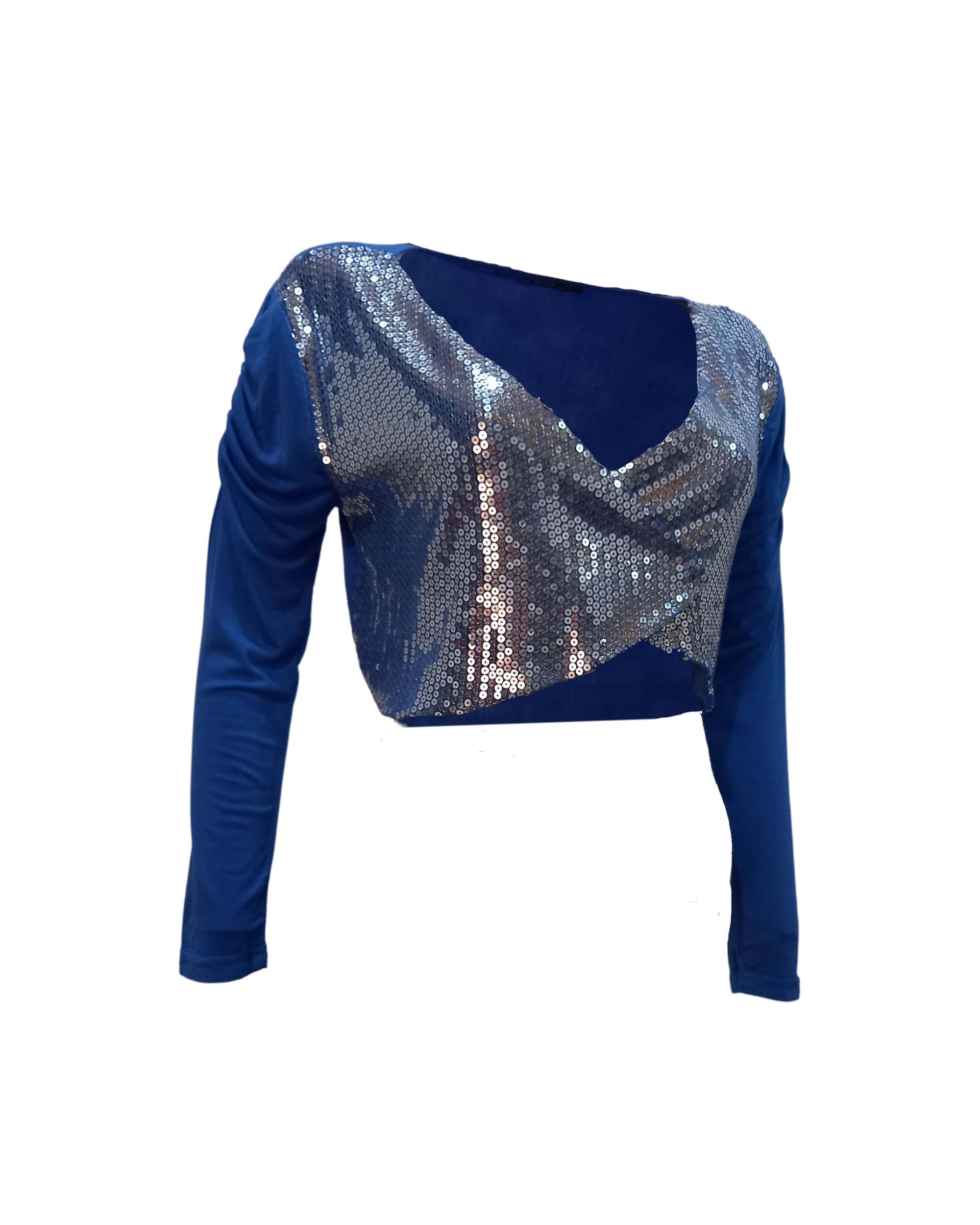 Top Crop Lentejuelas Mujer, Camiseta Brillante, Manga Larga, Escote V, Corte Corto, Moderno, Glamouroso, Fiesta o Noche, Tejido Ligero, Azul, Talla XS, Elegante, Fácil de combinar ✅Entrega 24/48h