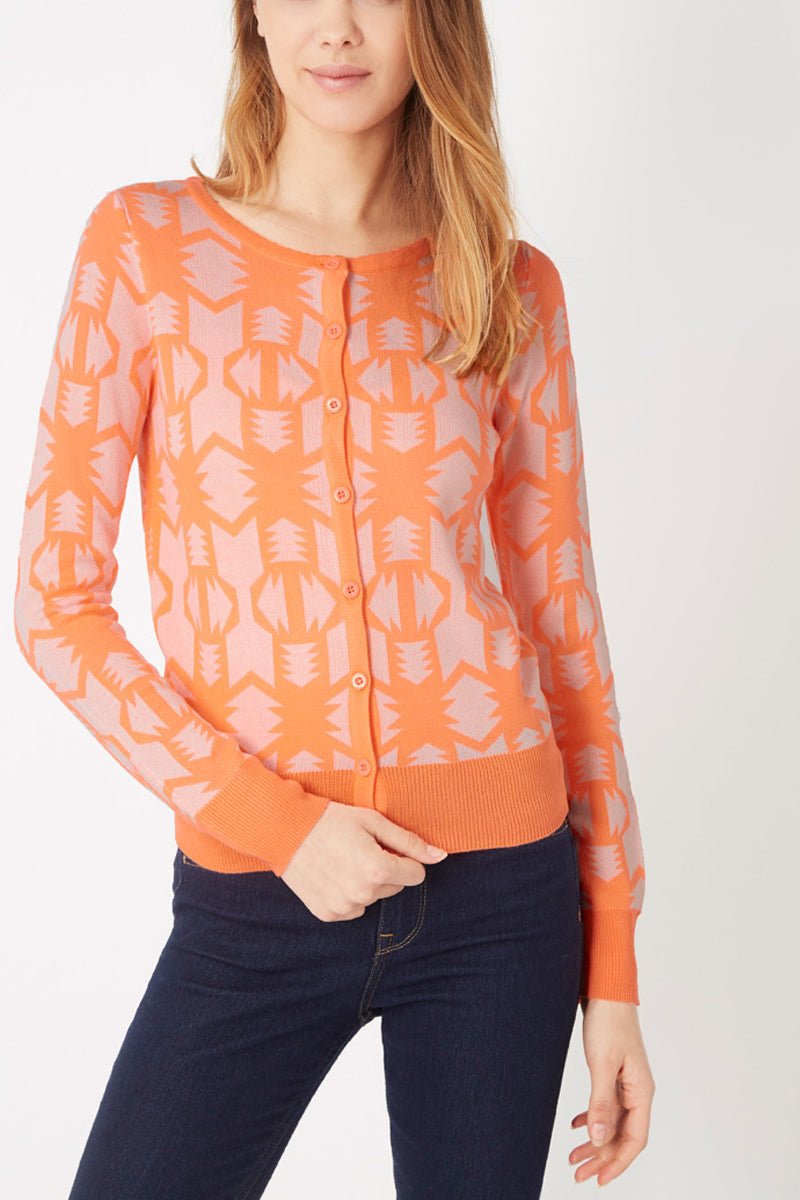 Cárdigan fino suéter ligero mujer, jersey botones diseño flechas, manga larga, suave y transpirable, estilo geométrico urbano, color naranja, talla L, moderno y cómodo ✅Entrega 24/48h