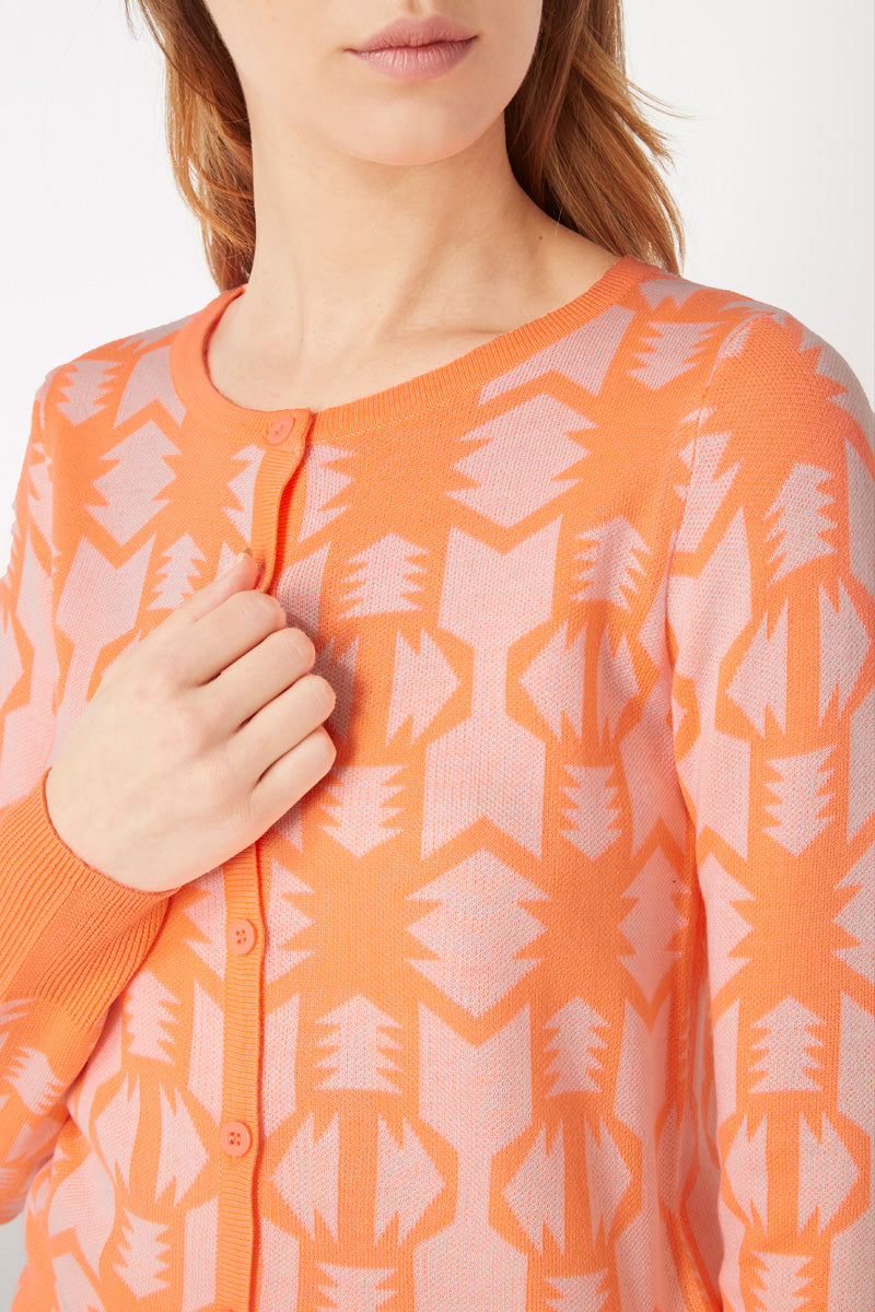 Cárdigan fino suéter ligero mujer, jersey botones diseño flechas, manga larga, suave y transpirable, estilo geométrico urbano, color naranja, talla L, moderno y cómodo ✅Entrega 24/48h