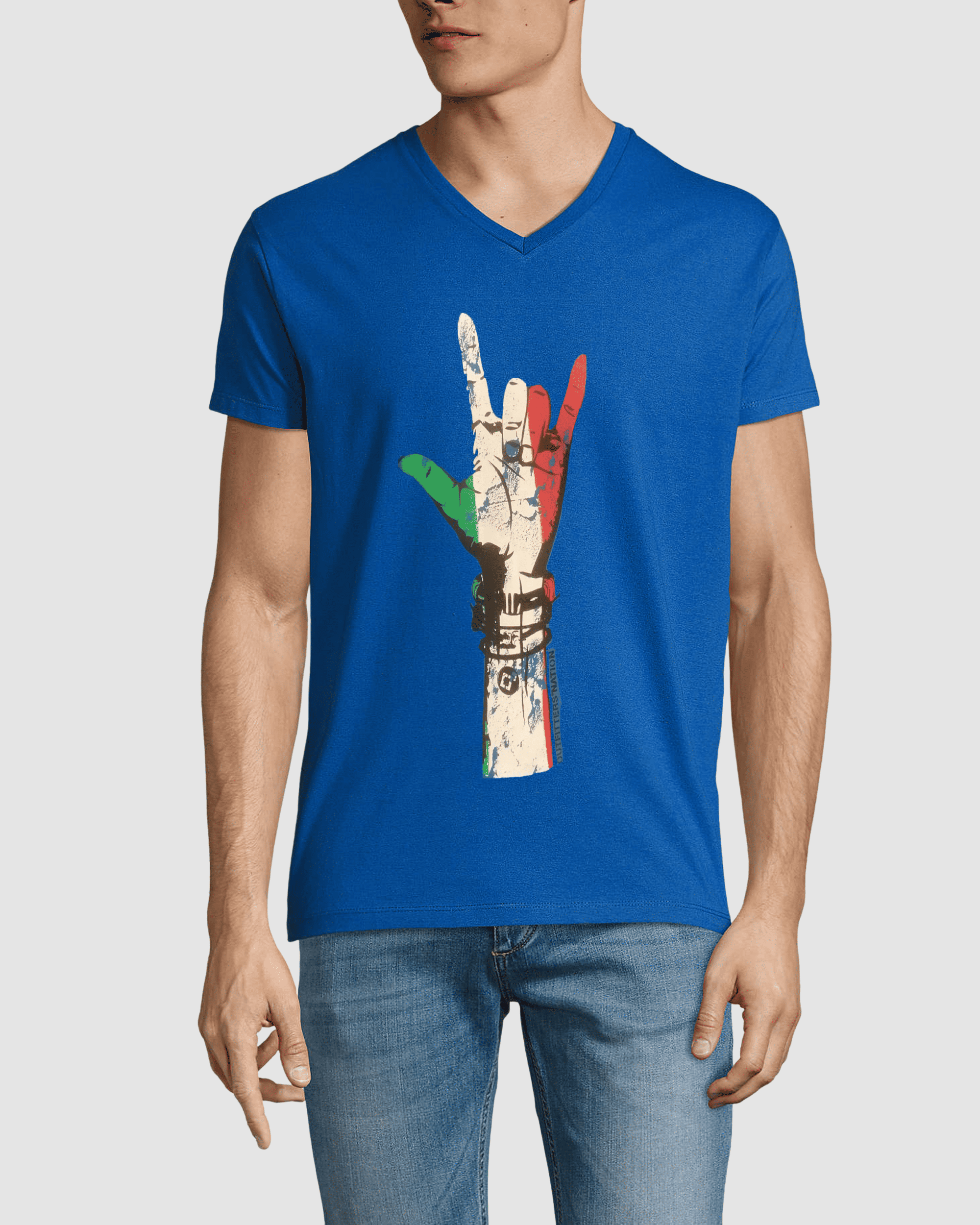 Camiseta mujer algodón, t-shirt, remera estampado mano rock moderna, cuello V, estilo juvenil casual, cómoda, azul, talla S, look urbano ideal salidas informales, fácil combinar jeans ✅Entrega 24/48h