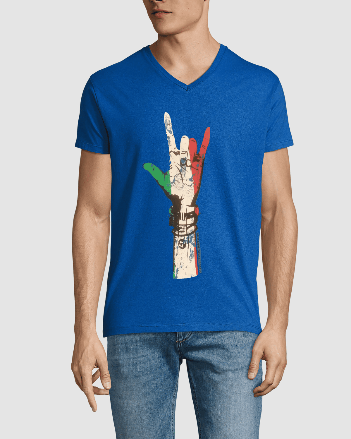 Camiseta mujer algodón, t-shirt, remera estampado mano rock moderna, cuello V, estilo juvenil casual, cómoda, azul, talla S, look urbano ideal salidas informales, fácil combinar jeans ✅Entrega 24/48h