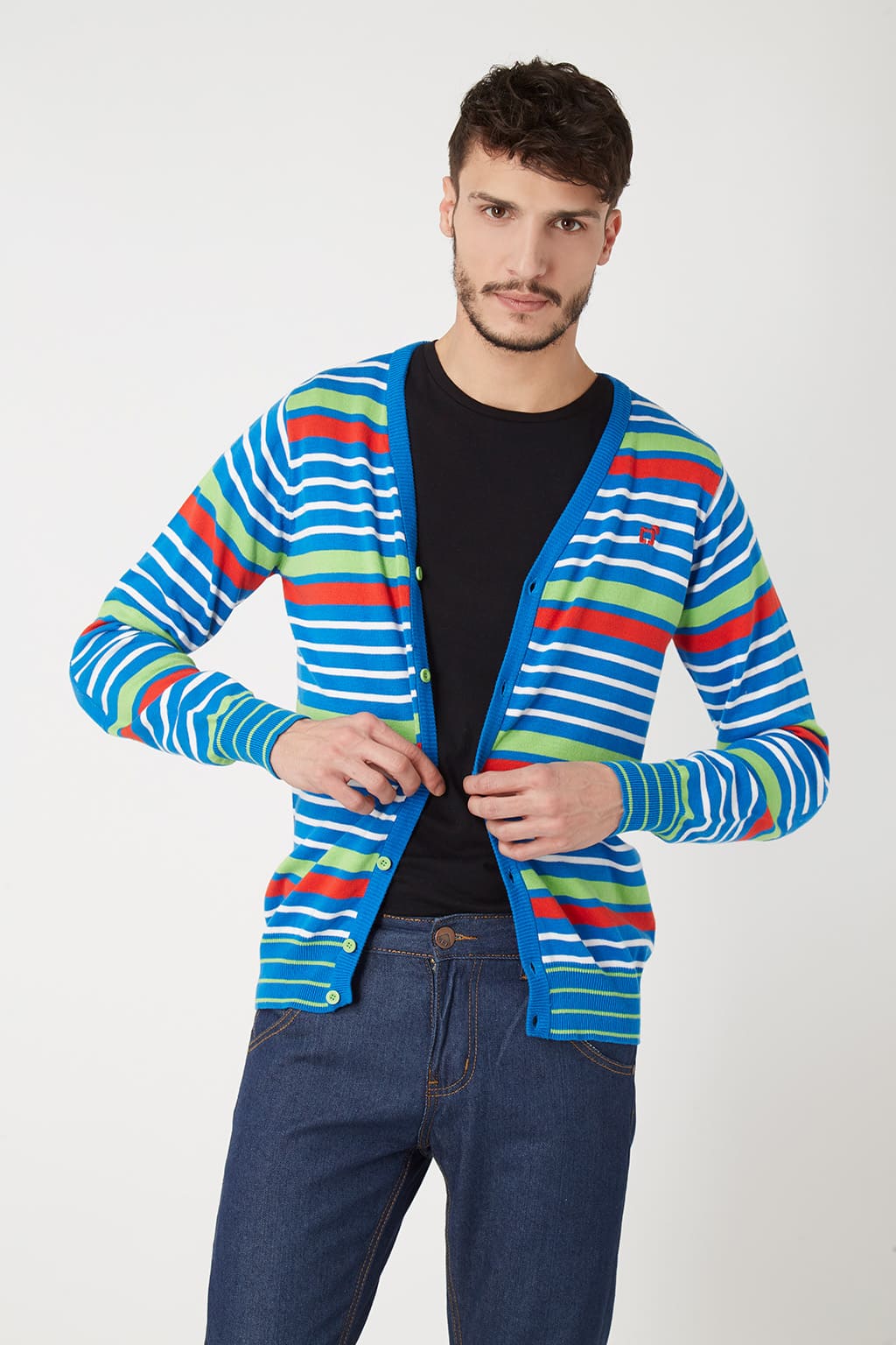 Cárdigan hombre, jersey punto, diseño rayas multicolor, algodón suave, cuello pico, manga larga, coderas contraste, logo bordado, ajuste cómodo, talla L, ideal diario casual, entrega rápida ✅Entrega 24/48h