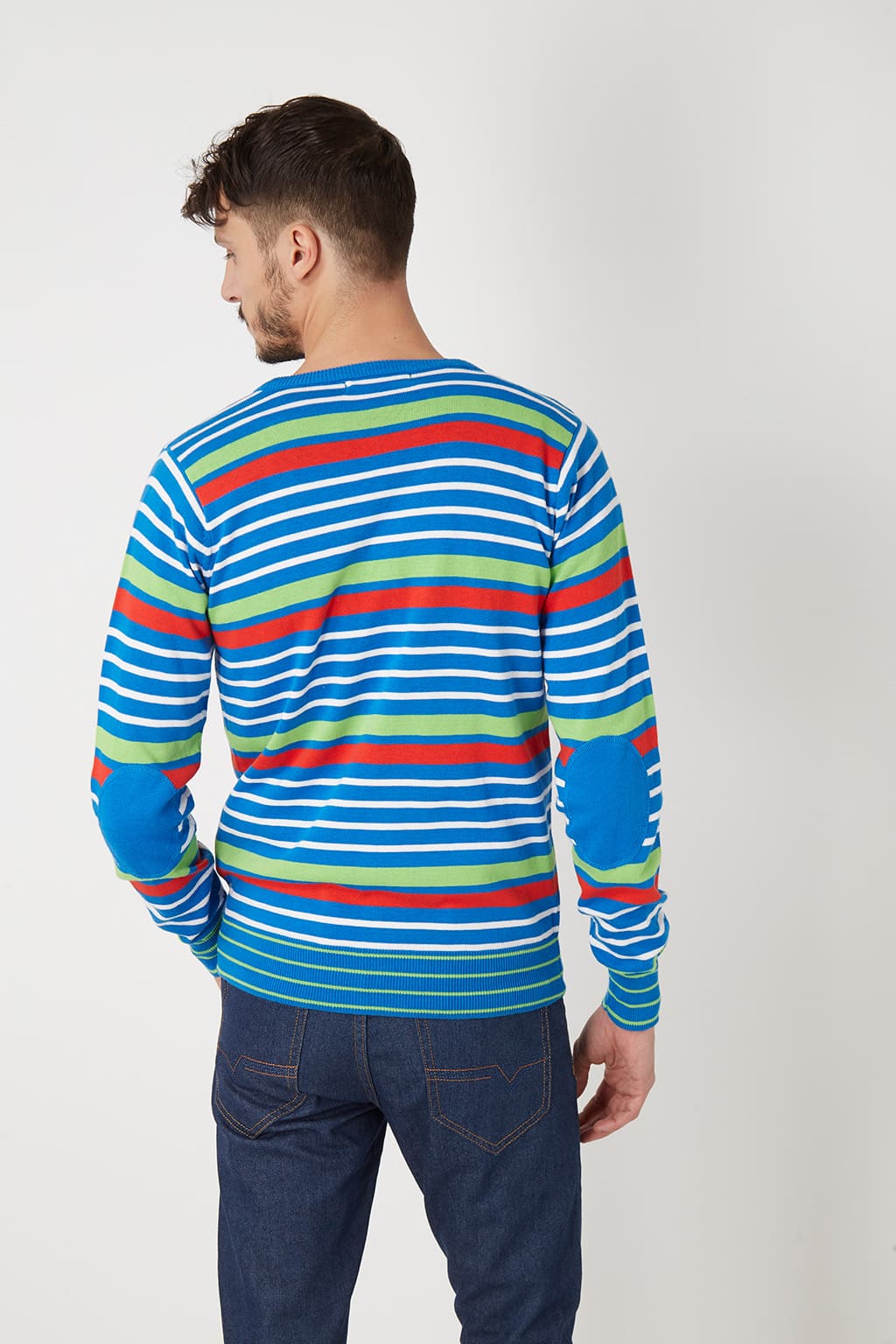 Cárdigan hombre, jersey punto, diseño rayas multicolor, algodón suave, cuello pico, manga larga, coderas contraste, logo bordado, ajuste cómodo, talla L, ideal diario casual, entrega rápida ✅Entrega 24/48h