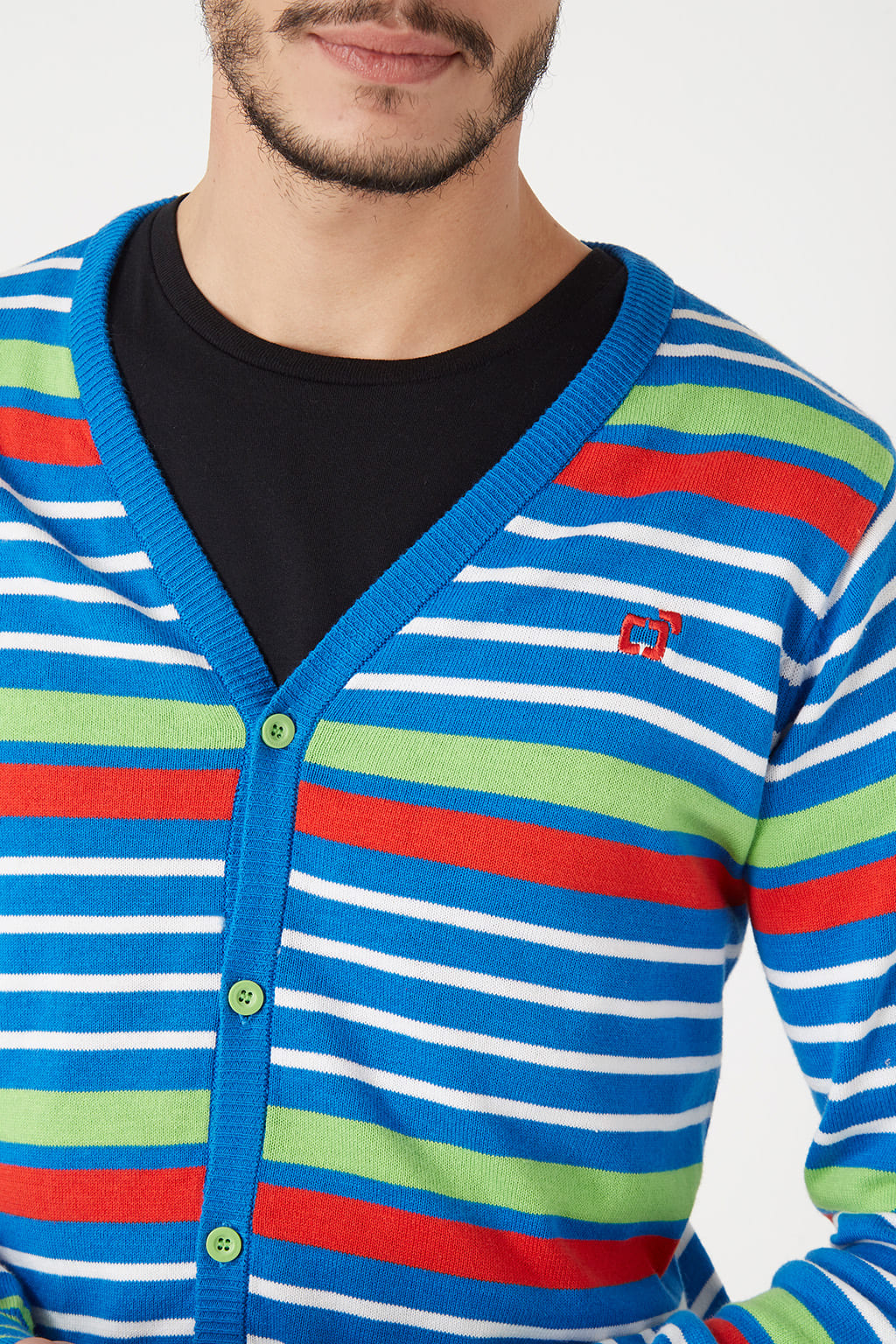 Cárdigan hombre, jersey punto, diseño rayas multicolor, algodón suave, cuello pico, manga larga, coderas contraste, logo bordado, ajuste cómodo, talla L, ideal diario casual, entrega rápida ✅Entrega 24/48h