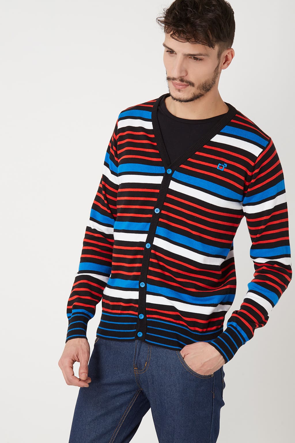 Cardigan mujer rayas multicolor sweater suéter punto cuello pico manga larga coderas contraste logo bordado tendencia cómodo talla L rojo azul blanco negro ✅Entrega 24/48h