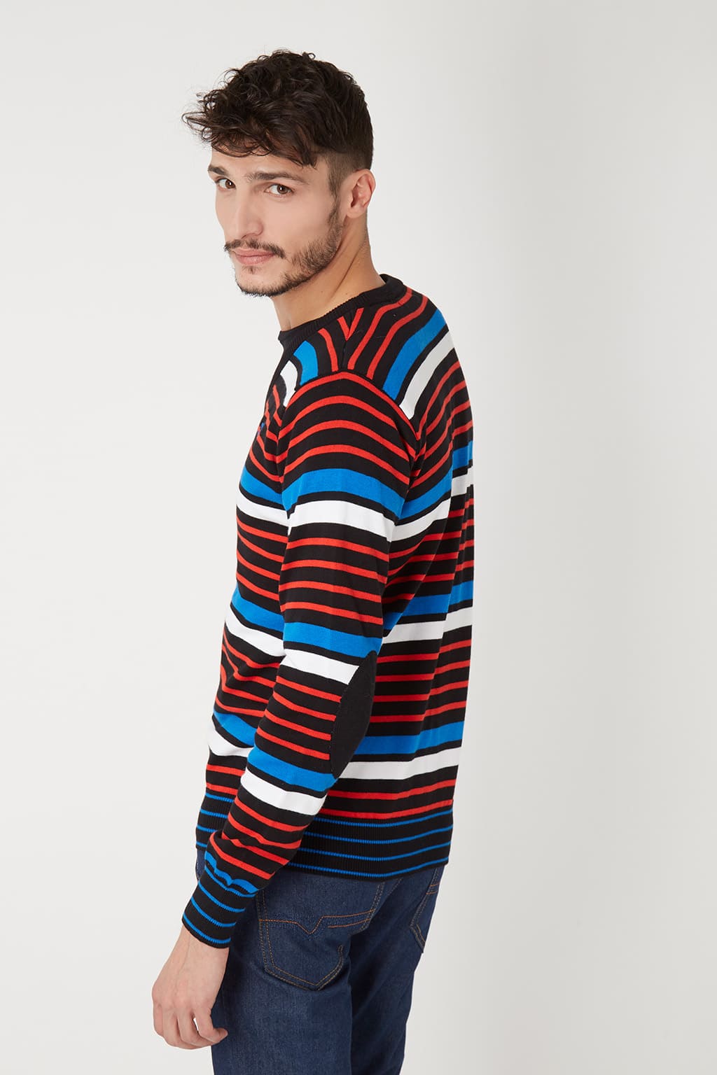 Cardigan mujer rayas multicolor sweater suéter punto cuello pico manga larga coderas contraste logo bordado tendencia cómodo talla L rojo azul blanco negro ✅Entrega 24/48h